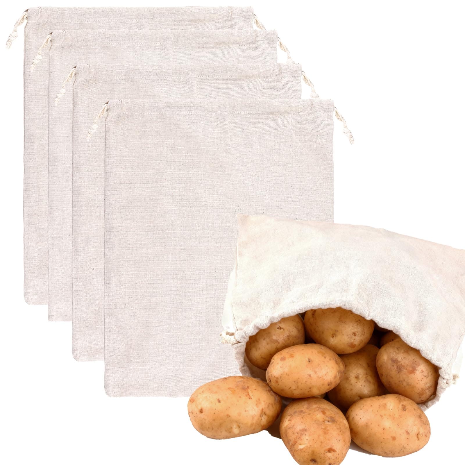 MANCHAP 4 Pack Cotton Drawstring Bags for Produce 12x15 Inch, Reusable Muslin Bread Bags for Fruit Vegetable Potato, Kitchen Pantry Organizer