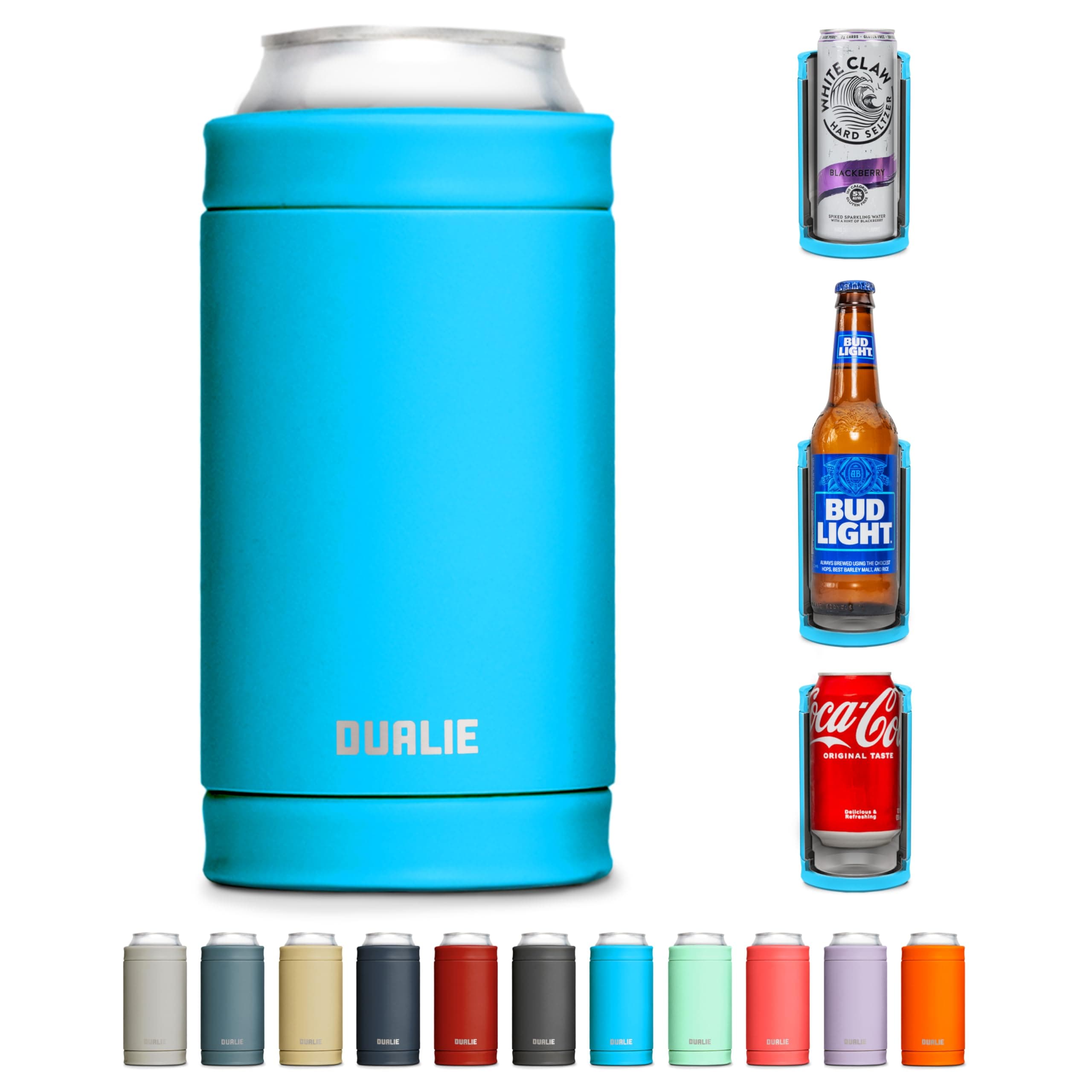 DUALIE 3 in 1 Insulated Can Cooler - Universal Size for 12 oz Cans, Slim Cans, and Bottles - Glacier