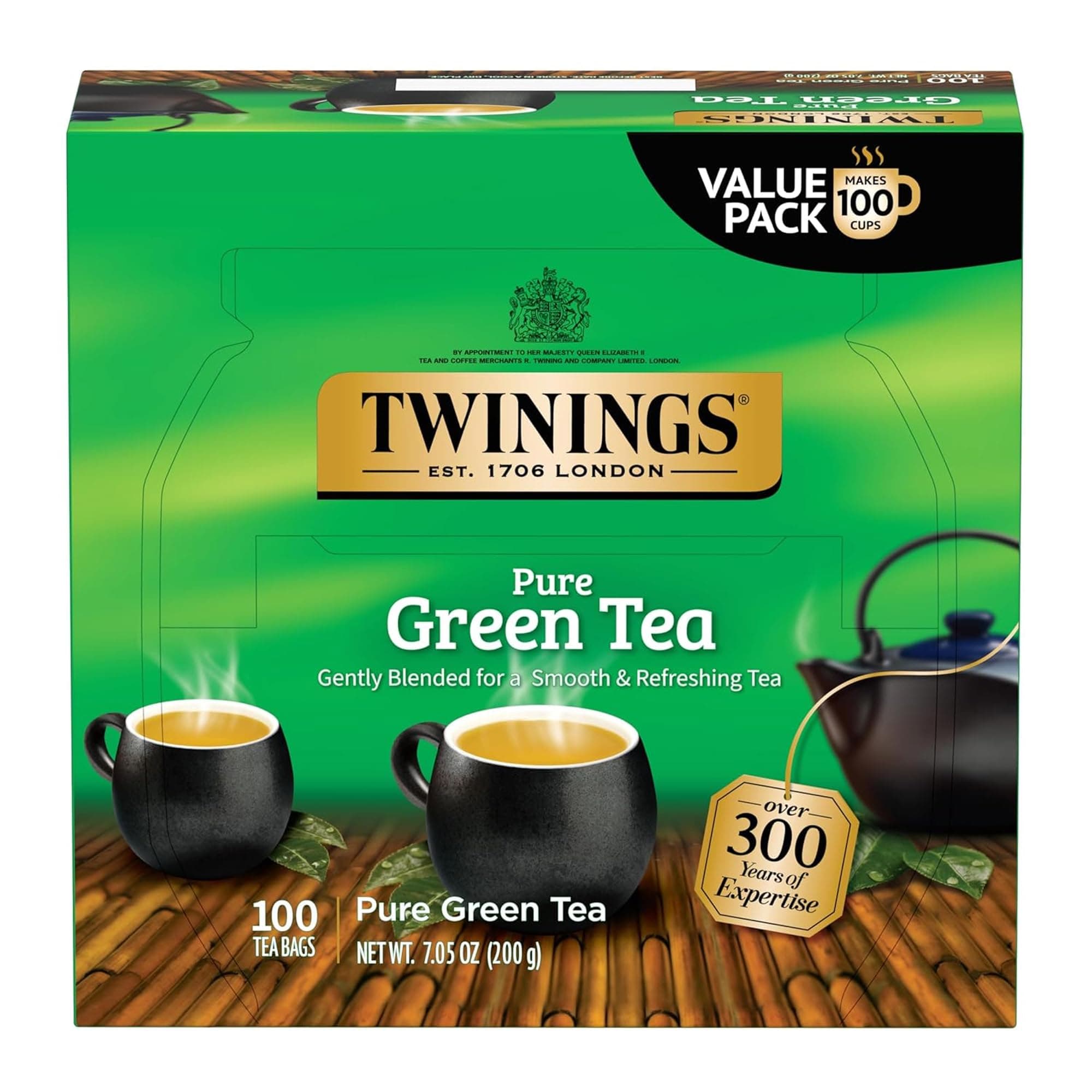 Twinings Pure Green Tea, Caffeinated, Tea Bags, 100 CT Box (1 Pack)