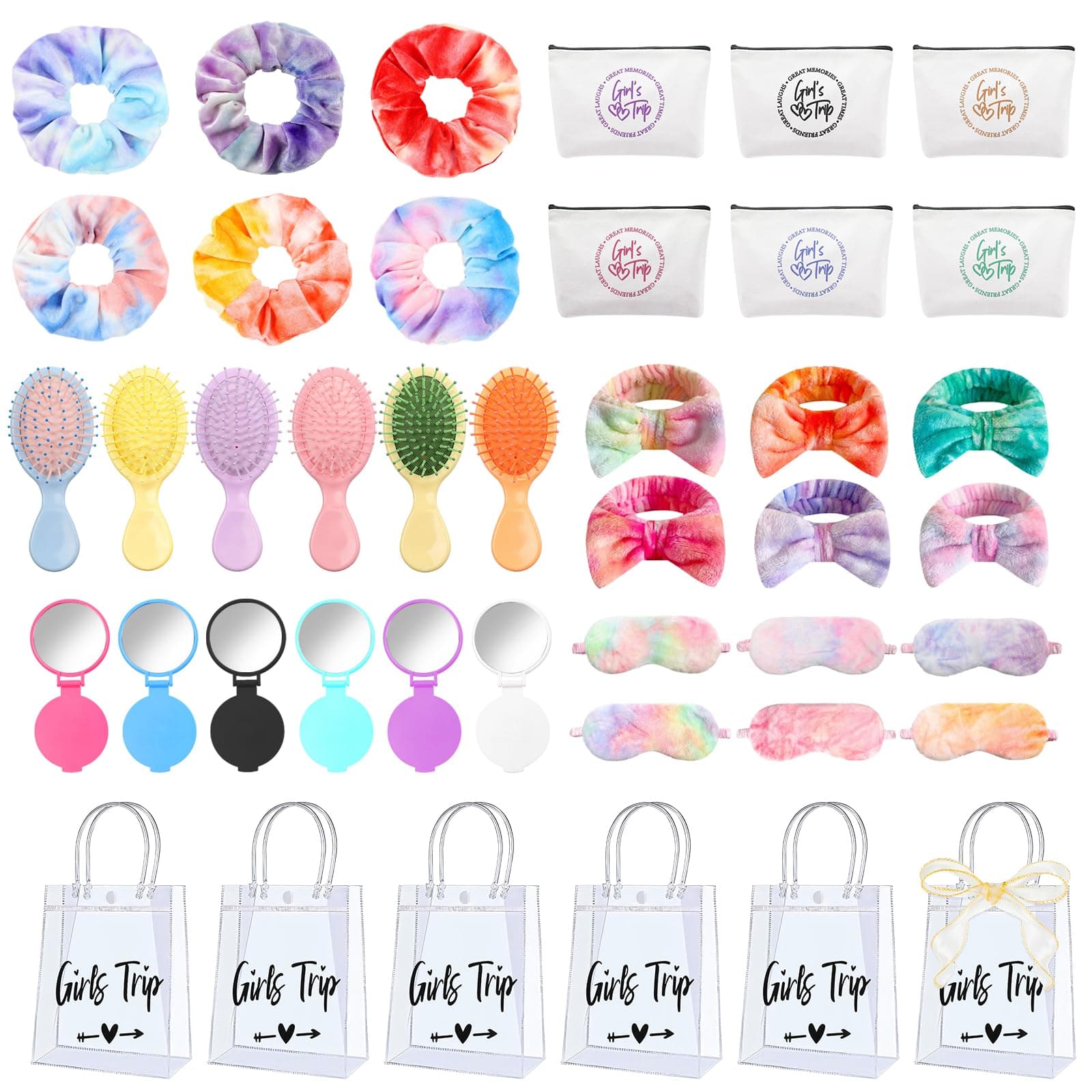 Sariiraw 6 Sets Spa Party Favors for Girls 43 Pcs Sleepover Party Supplies Kits, Comb Eye Mask PVC Handbag Mirror Headband Canvas Bag Hair Cord Gauze Tape,Ready-to-Gift for Birthday Bachelorette