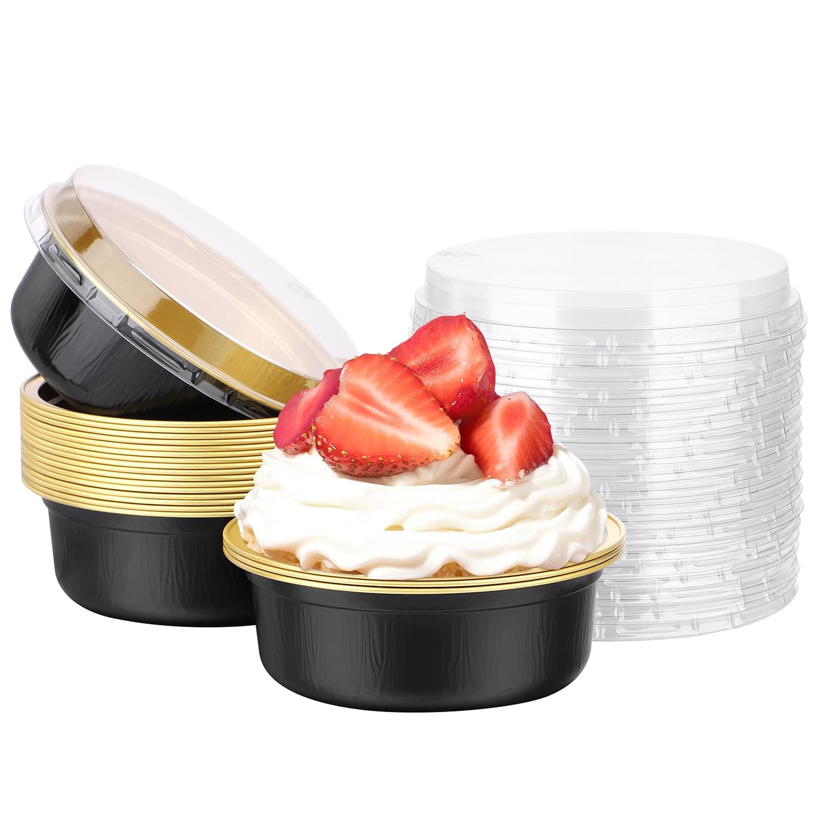 Beasea Disposable Ramekins with Lids, 20 Pack 8.8oz 260ml 4 Inch Round Foil Disposable Cups Cupcake Baking Cups Mini Pudding for Party Color