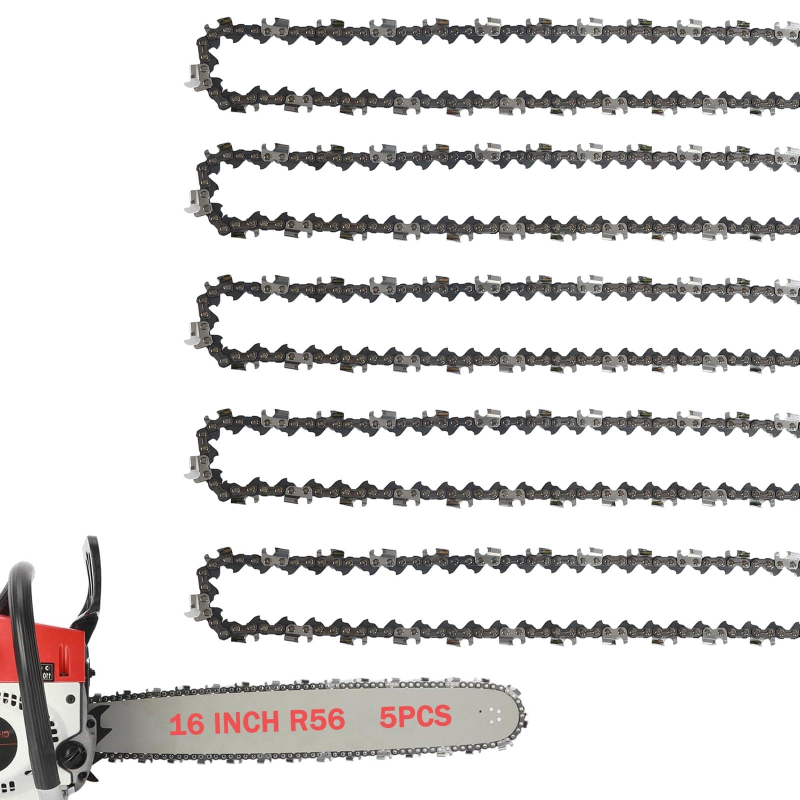 5 Pack Chainsaw Chain 16 Inch 3/8" LP Pitch .043" Gauge 56 Drive Links
