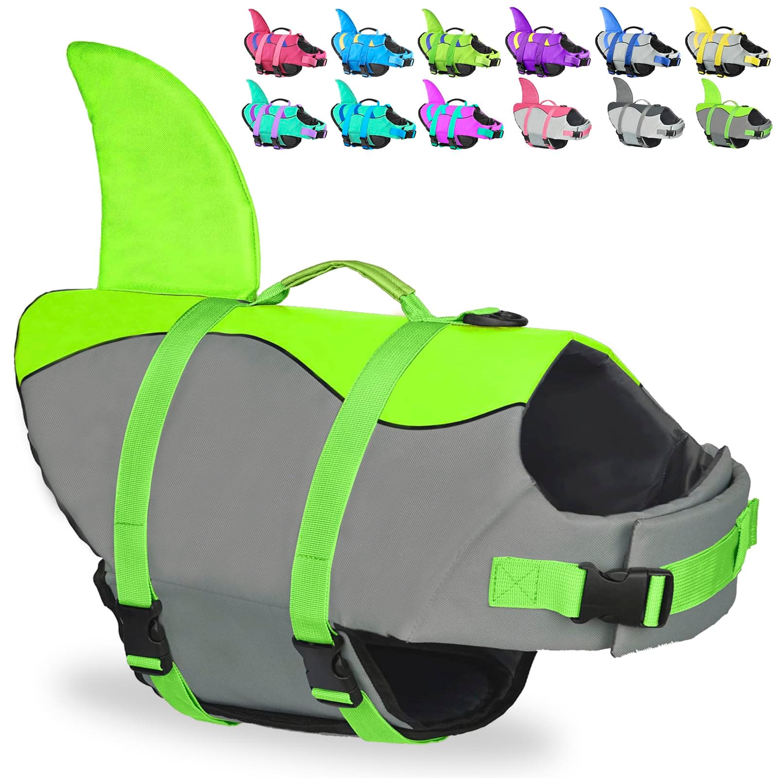 Fragralley Shark Dog Life Jacket, High Buoyancy with Tear-Resistant Nylon, Dog Float Vest for Swimming and Boating, Pet Life Preserver for Small Medium Large Dogs (Green-Shark, Medium)