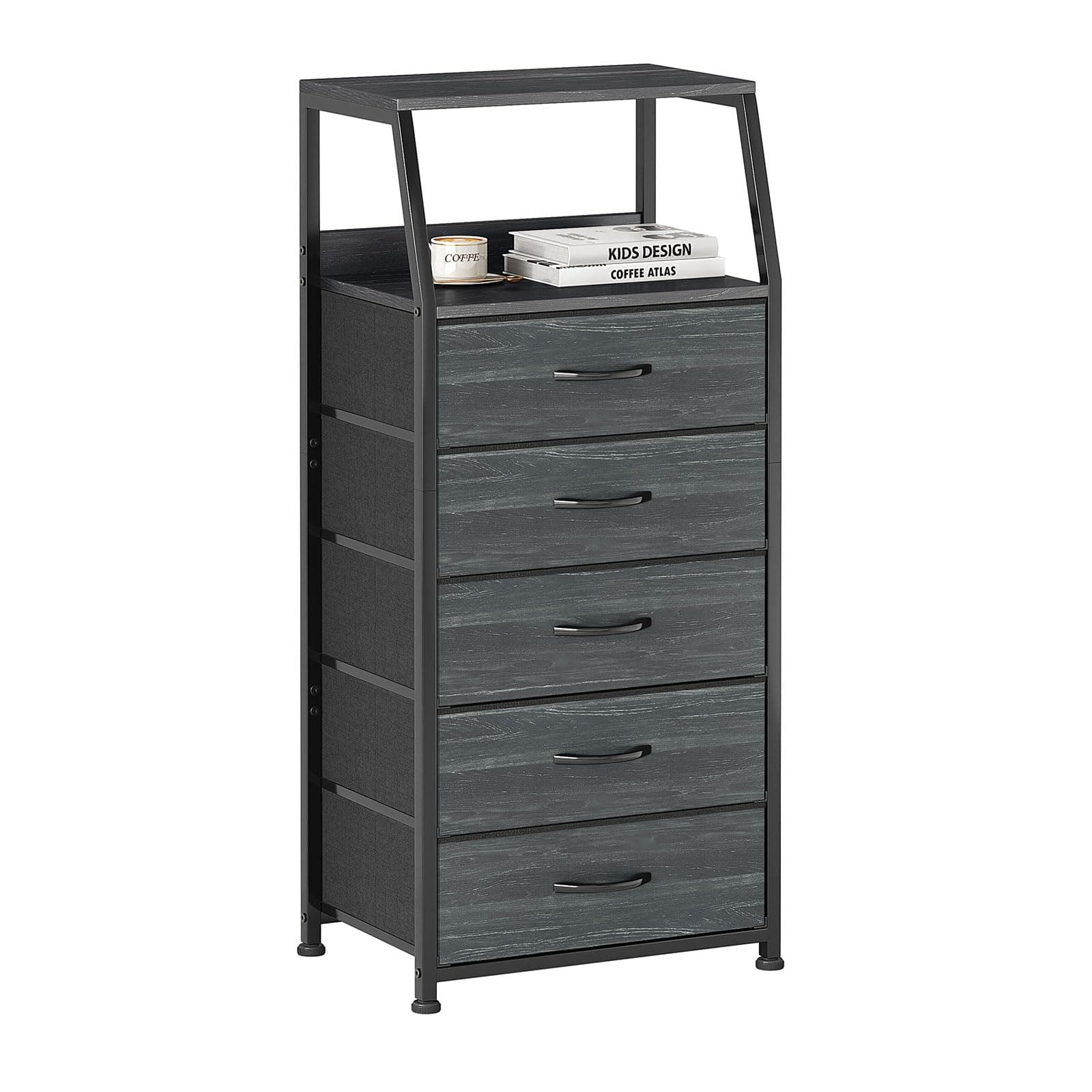 Mexin Vertical Dresser for Bedroom, Fabric Dresser with 5 Drawers, Metal Frame, Wide Storage Chest of Drawers for Living Room, Black