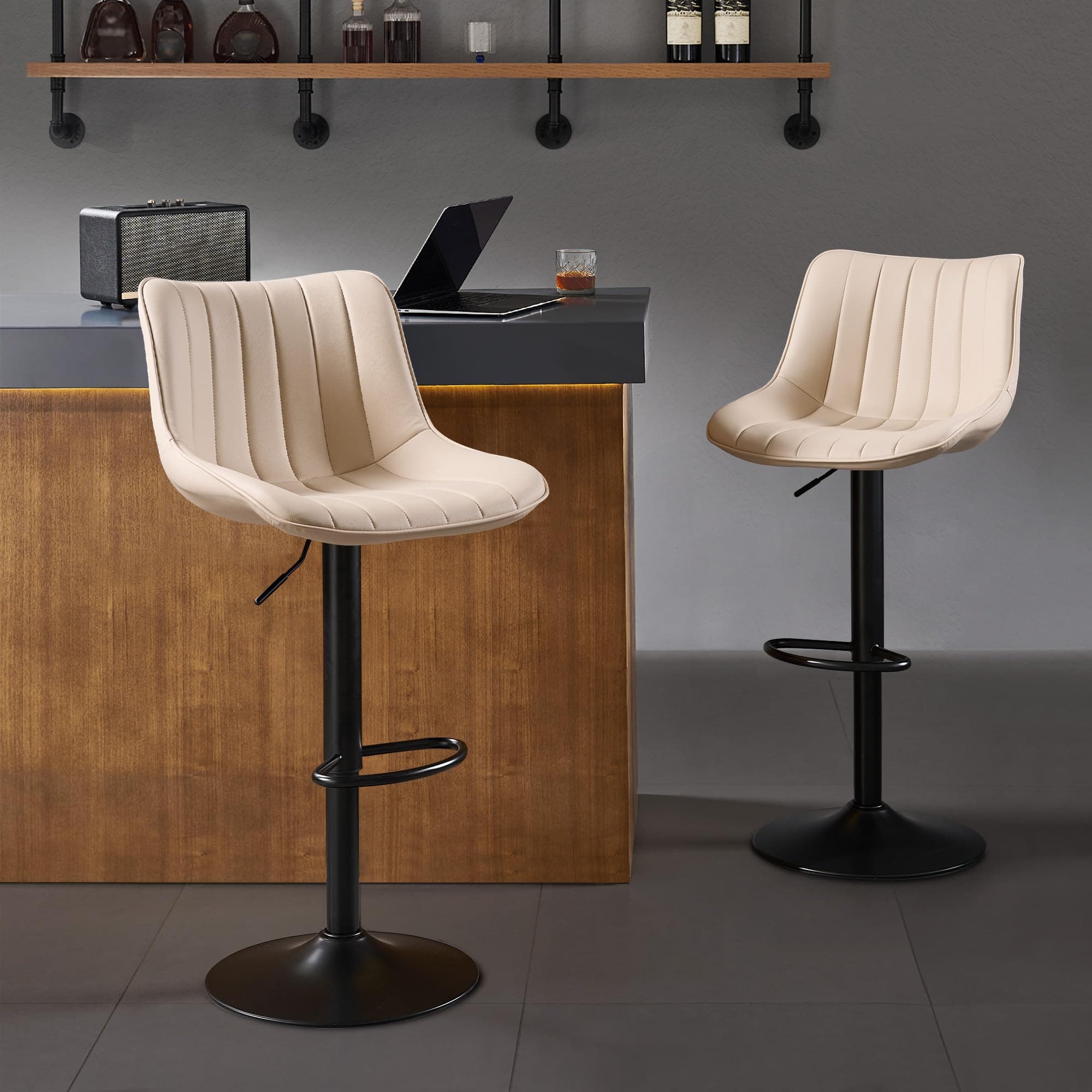 Nestvatto Bar Stools Set of 2,Swivel Counter Height Bar Stools, Adjustable PU Leather Bar Chairs with Back and Footrest, Modern Armless Counter Stools, Island Chairs for Bar Kitchen, Ivory