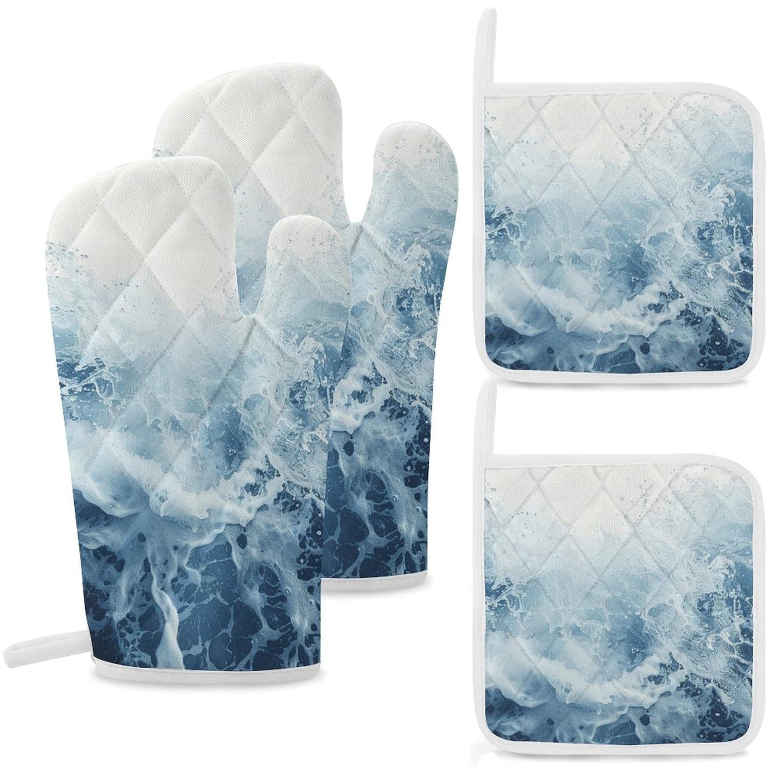Blue Water Waves Oven Mitts and Pot Holders Sets of 4 Heat Resistant Non Slip Oven Gloves and Hot Pads Waterproof Cooking Mitts for Kitchen Baking Grilling BBQ