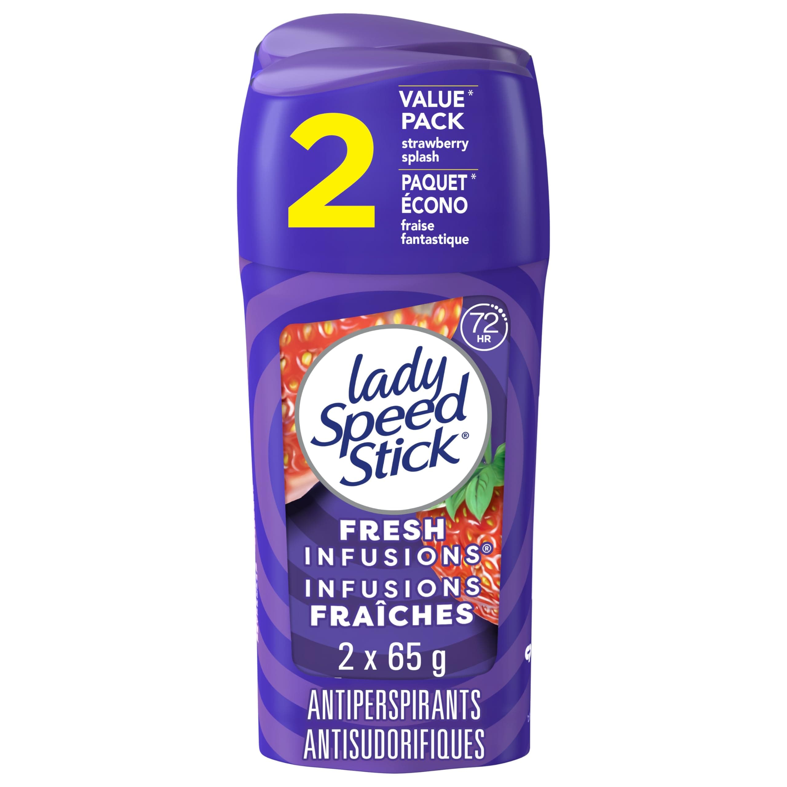 Lady Speed Stick Fresh Infusions Antiperspirant Deodorant for Women, 72 HR Sweat & Odor Protection, Invisible Dry, Strawberry Splash Scent, 65 g Stick (2 Pack)