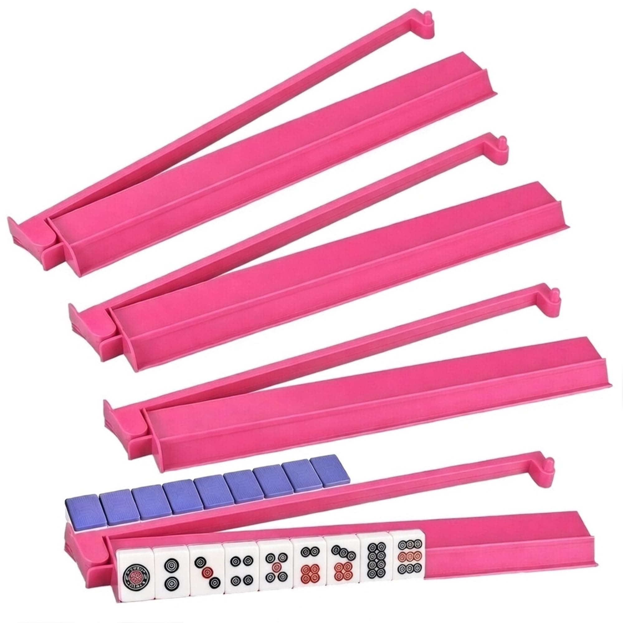 czzwak Mahjong Rack with Pushers, 4-Piece Premium Acrylic Mahjong Racks with Built-in Pushers & Rotating Bases - Set for Easy Play (Magenta)