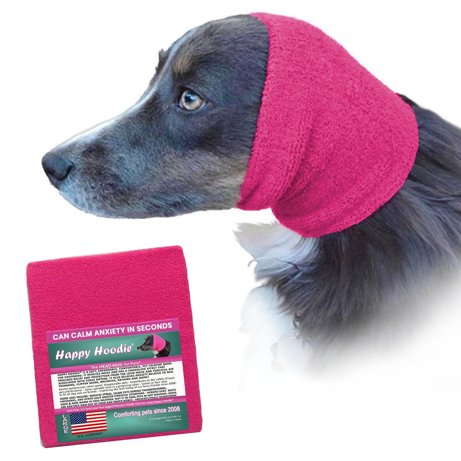 Happy Hoodie The Original Dog & Cat Calming Band - American Brand - Anxiety Relief/Noise Protection-Grooming-Thunder-Fireworks (Large, Pink) - Since 2008