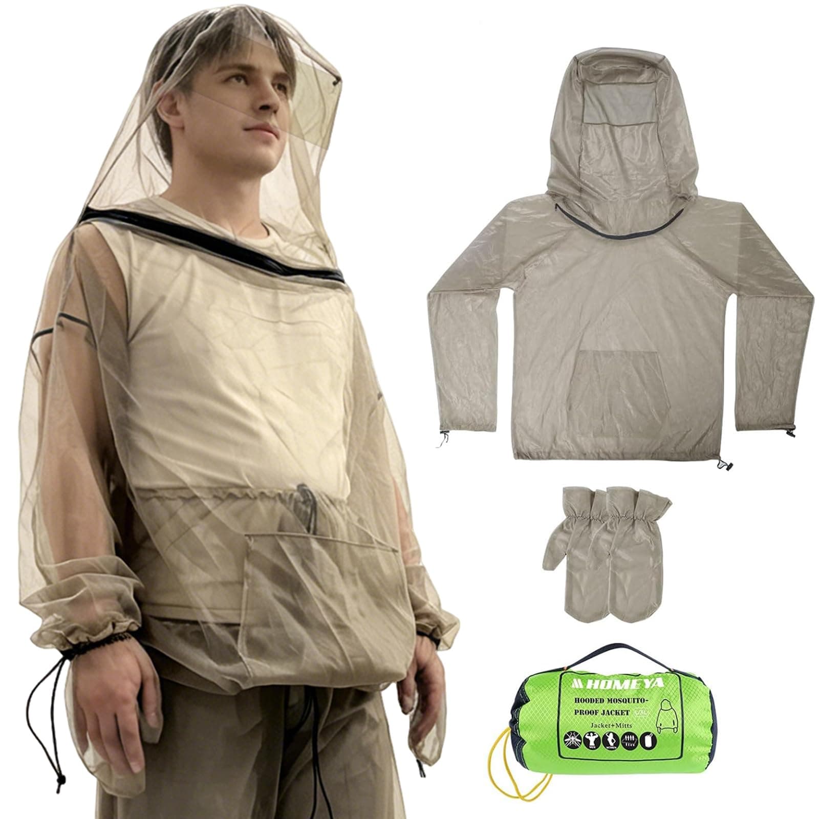 2-Piece Net Suit L/XL, Zippered Hood Jacket & Gloves Set, Thickened Breathable Mesh, Adjustable Fit for Upper Body Protection, Unisex Lightweight Outdoor Gear for Camping, Fishing, Hiking, Gardening