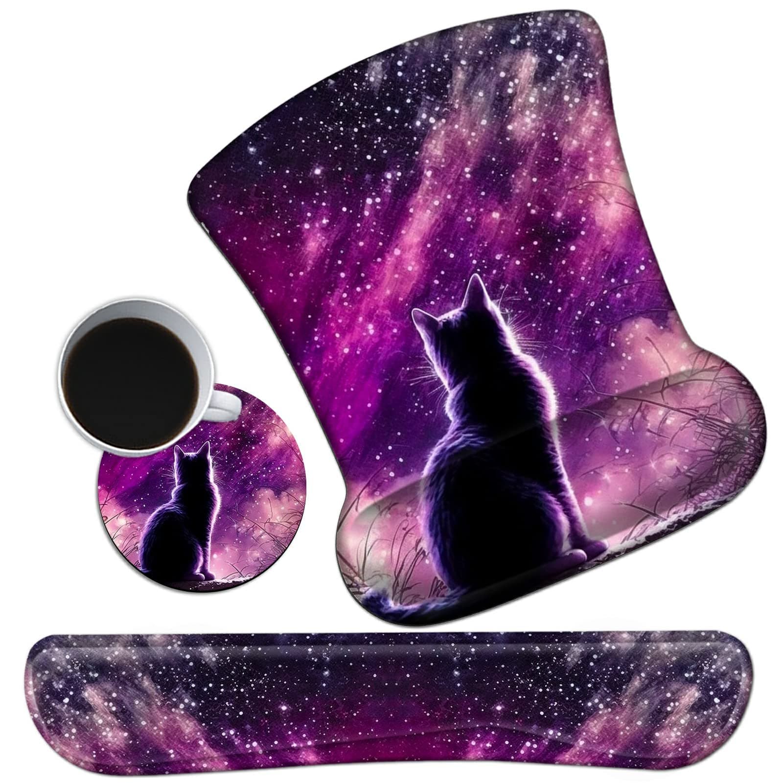 Keyboard Wrist Rest Pad and Ergonomic Gaming Mouse Pad with Wrist Support Set (with Cute Coasters) with Memory Foam & Non-Slip Base Easy Typing and Wrist Pain Relief - Galaxy Cute Cat