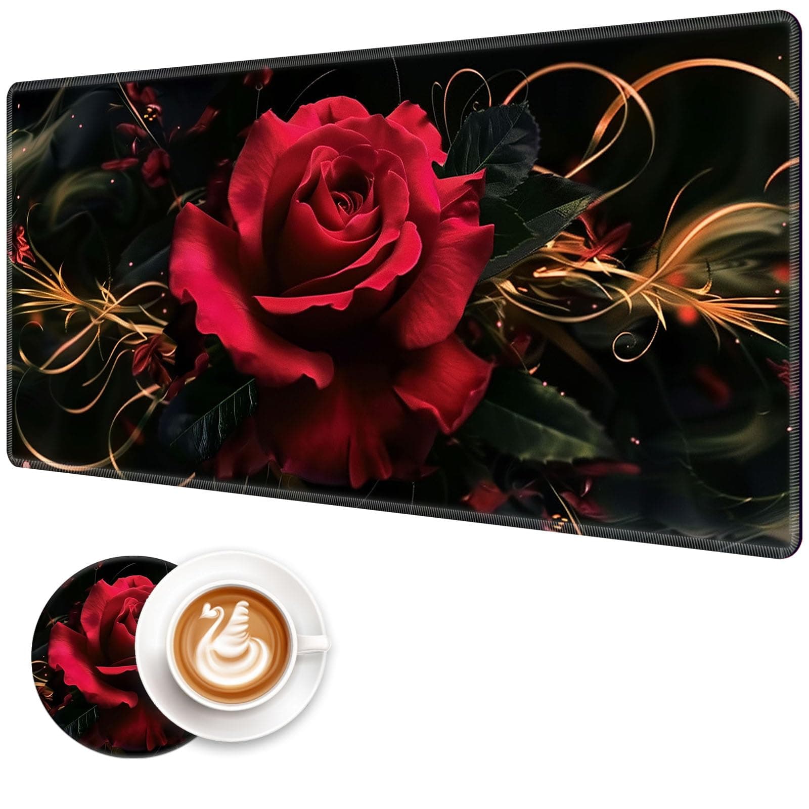 FXIANGWL XXL Gaming Mouse Pad, Extra Large Waterproof Desk Mat for Office Gaming, Non-Slip Rubber Base Durable Stitched Edge, Easy to Clean, Red Rose