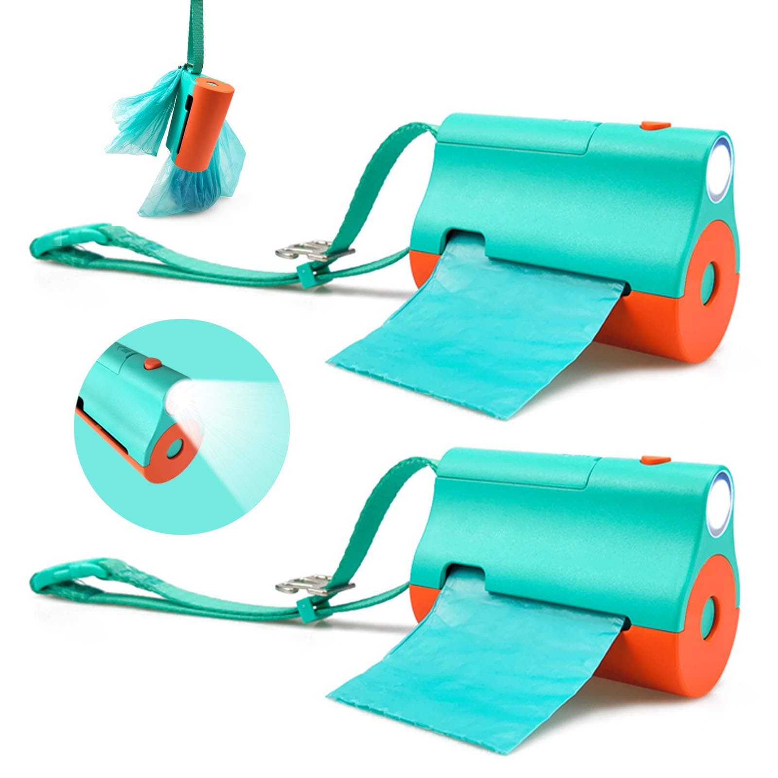 2 Pack Dog Poop Bags Dispenser with LED Flashlight for Leash Pet Waste Bags Holder with Torch for Lead 3 in 1 Bi-Color LED Case with Wristler 1 Roll Blue Bags Metal Clips for Used Bags