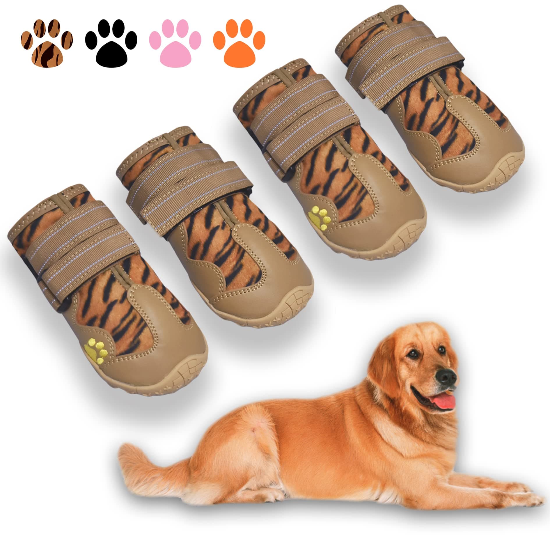 XSY&G Dog Boots, Leopard, Size 6 (2.9''x2.5'')(L*W) for 52-70lbs, 4 Pairs, Waterproof, Reflective, Anti-Slip, Outdoor Protection