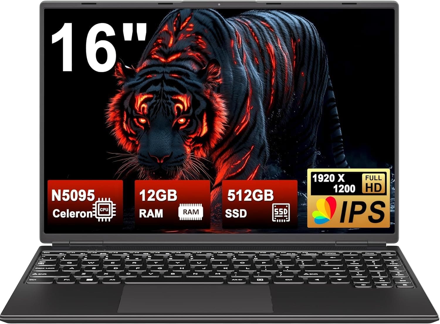 NOTODD Laptop 16" 12GB LPDDR4 512GB SSD Celeron N5095 Up to 2.9Ghz Quad-Core Win 11 PC 1920*1200 2K Screen Dual WIFI Support 2.5" HDD 1TB SSD Expand with Cooling Fan Numeric Keypad for Business-Black