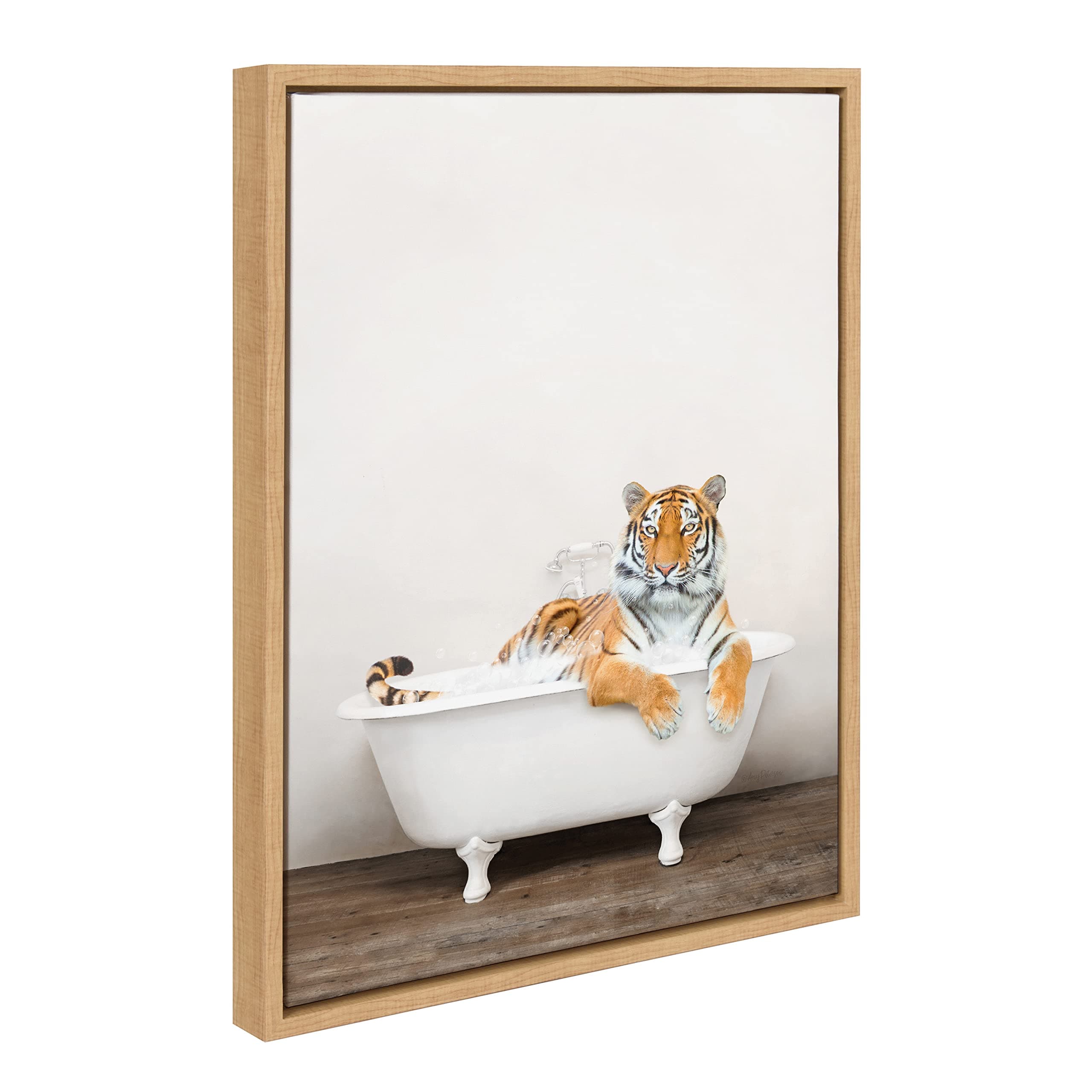 Kate and Laurel Sylvie Bengal Tiger in Rustic Bath Framed Canvas Wall Art by Amy Peterson Art Studio, 18x24 Natural, Modern Fun Decorative Bathtub Wall Art for Home Décor