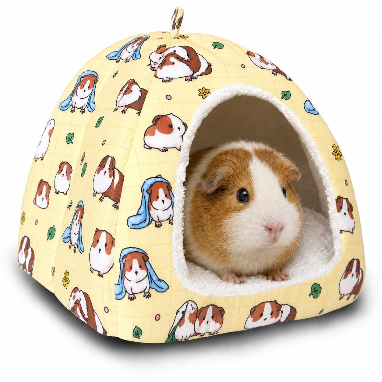 LUCKITTY Guinea Pig Hideout Bed 11.8-Inch Cube - Cozy Small Animal House for Guinea Pigs, Chew-Proof Hideaway with Ventilation (Yellow, Adorable Guinea Pig Print)