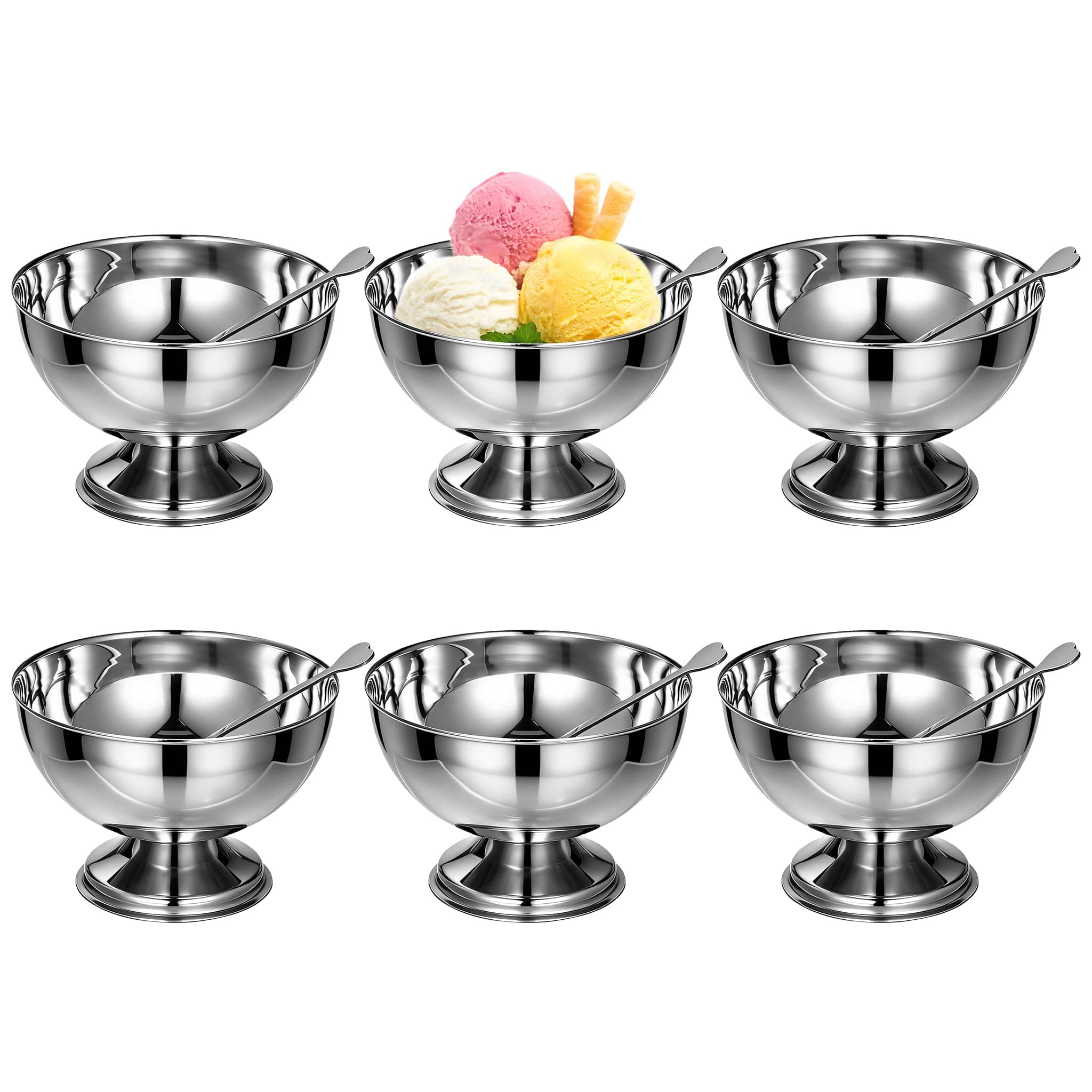 BSTKEY 6PCS Stainless Steel Dessert Cups with Forks for Party, 7.5oz Cute Footed Dessert Bowls Silver Cups for Ice Cream Trifle Fruit Pudding Snack Salad Condiment Sundae Sauce
