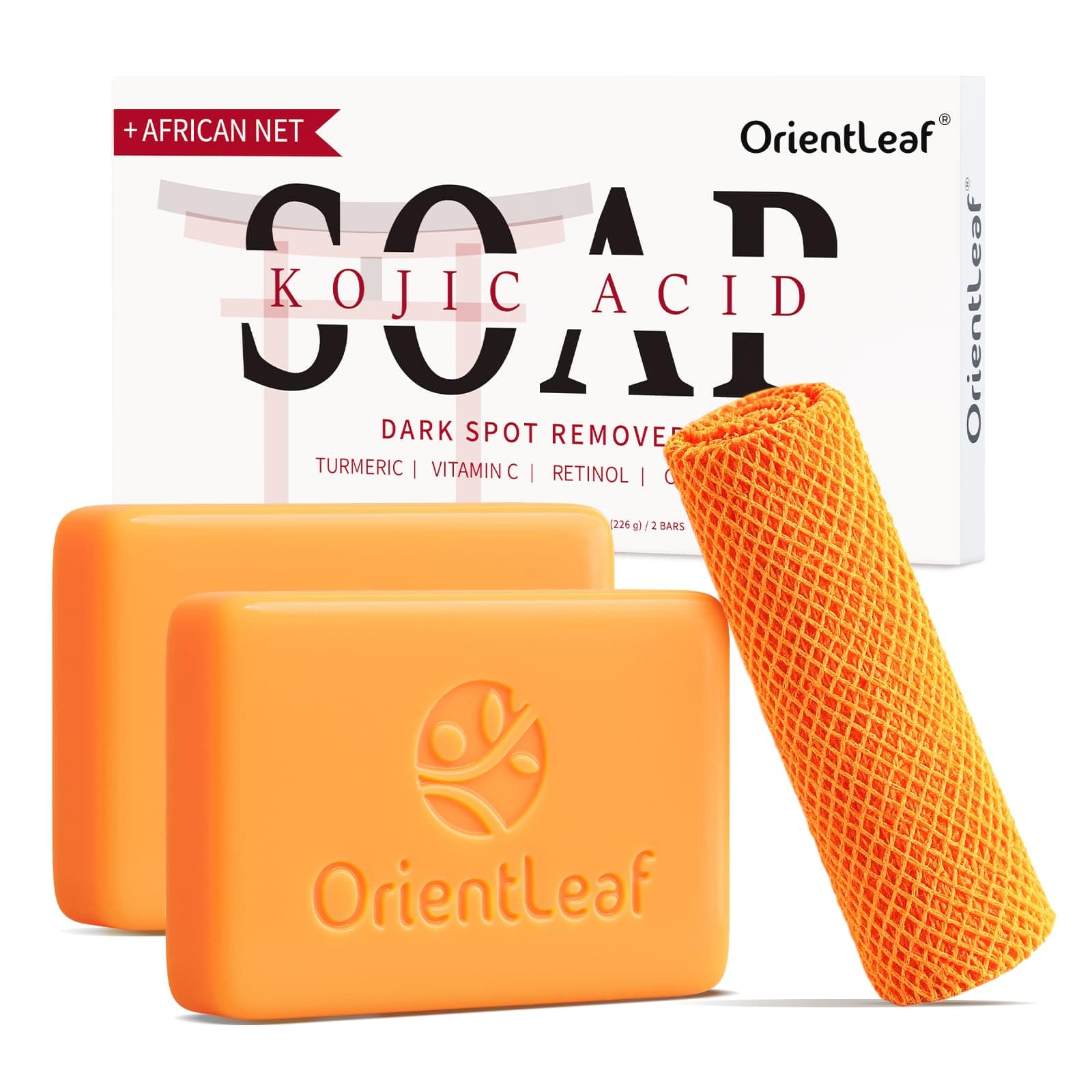 ORIENTLEAF Kojic Acid Soap with African Sponge Net, 4oz Turmeric Soap Bar, Fresh Citrus Scent, Gentle for Face and Body Wash with Vitamin C, Retinol (2 Pack)