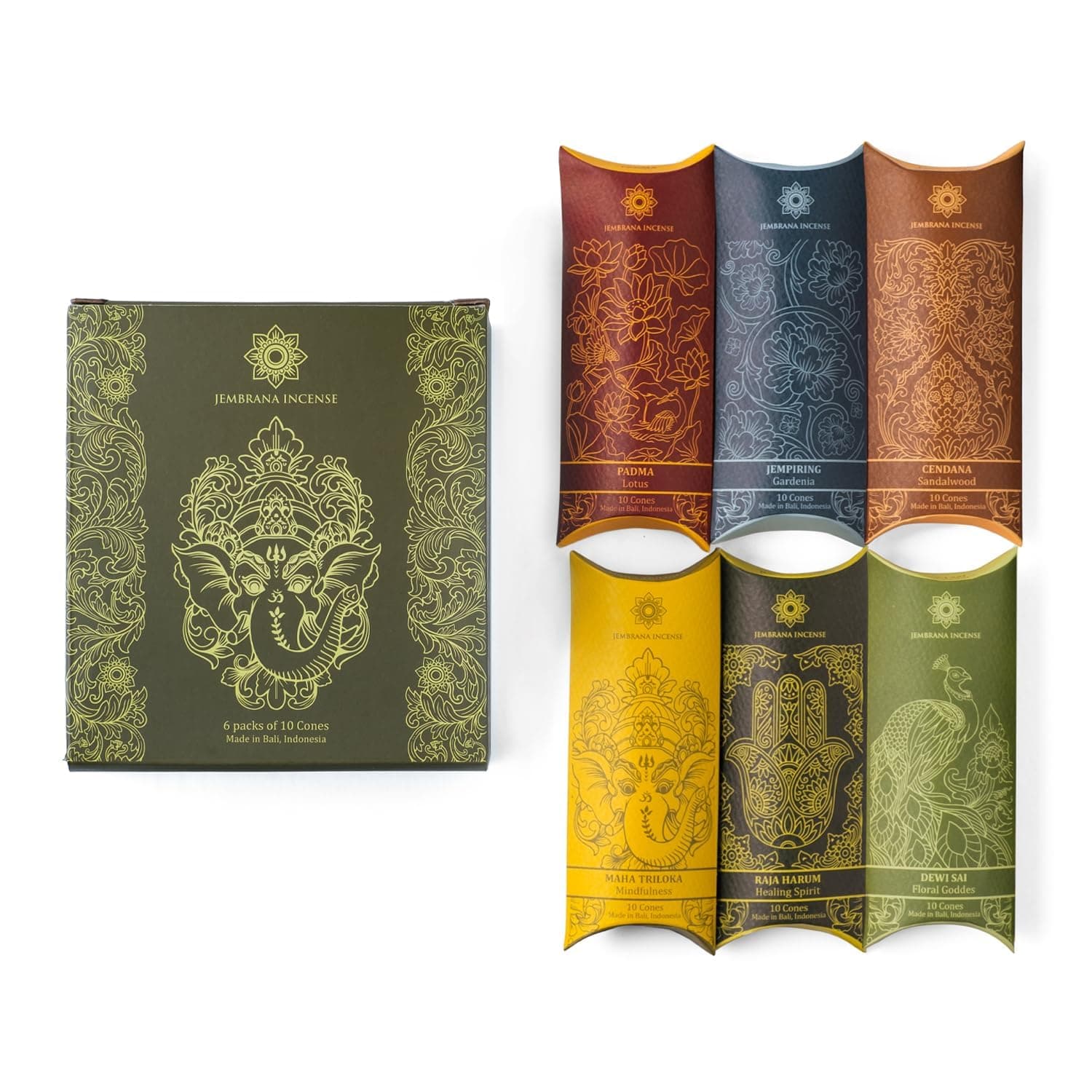 Jembrana Incense Cones - Mix 6 Scents (60 Cones Total) - Lotus, Gardenia, Sandalwood, Healing Spirit, Mindfulness & Floral Goddess - Authentic Balinese Handcrafted Gift Set
