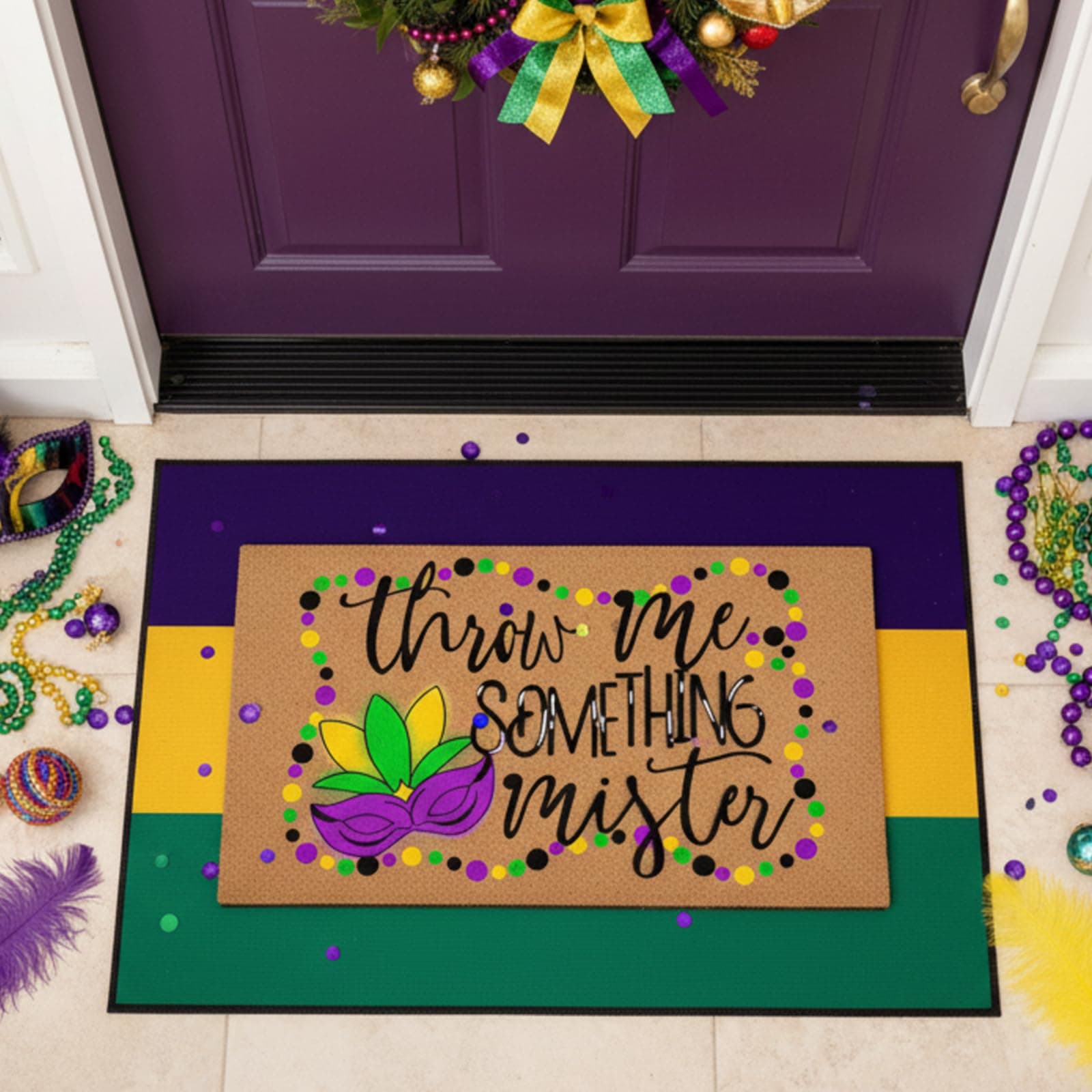 Moucuny 2 Pcs Mardi Gras Coir Doormat Outdoor Mardi Gras Welcome Outdoor Rug Layered Purple Yellow Green Stripe Rug for Carnival Front Porch Entryway Decor