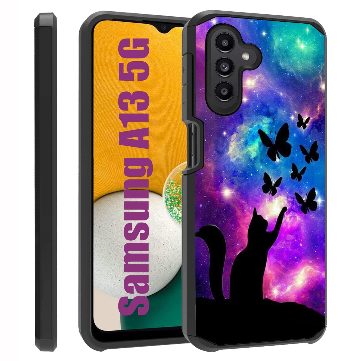 ZXHSBROK Galaxy A13 5G/Galaxy A04S Case, Heavy Duty 2 in 1 Dual Layer Hybrid Hard PC & Soft Silicone Shockproof Protection Case for Samsung Galaxy A13 5G/A04S, Galaxy Nebula Cat and Butterfly