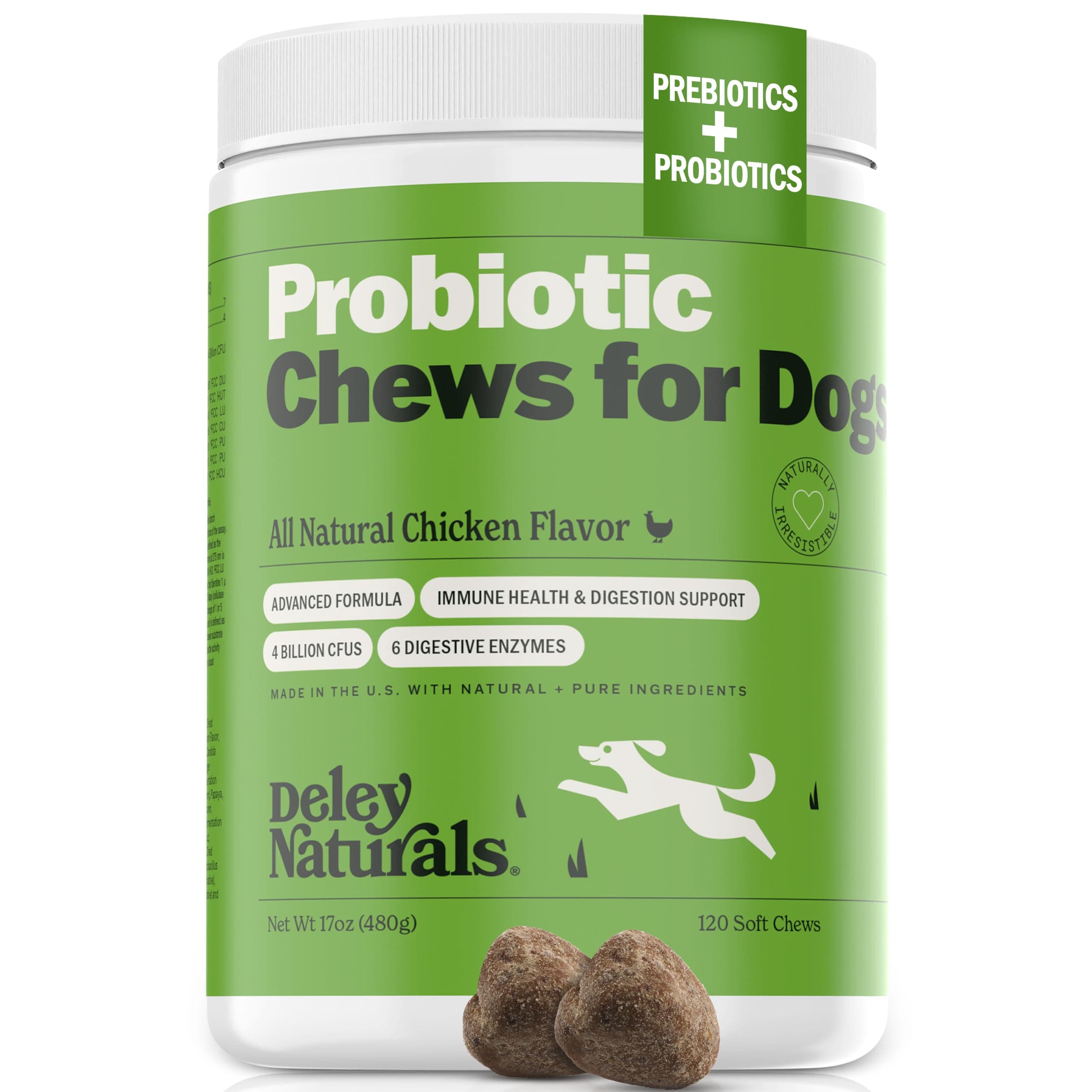 Deley Naturals Dog Probiotic Chews - 4 Billion CFU Probiotics for Dogs with Digestive Enzymes & Prebiotics - Grain Free Soft Chews for Gut Health & Digestive Support - 120 Chicken Chews Made in USA