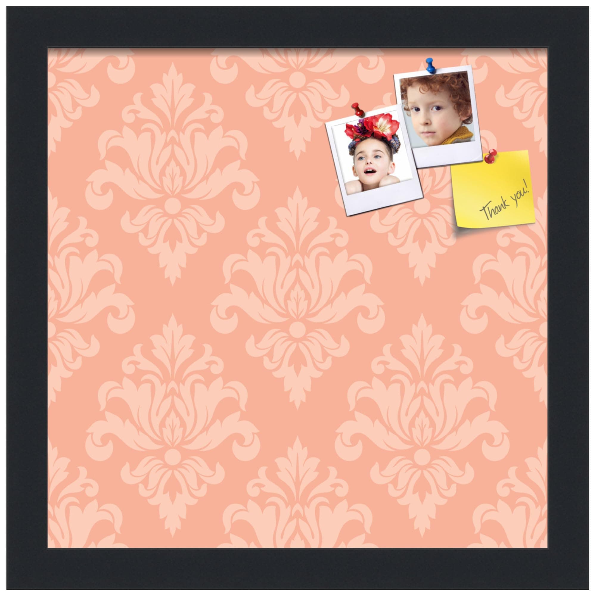 PinPix 12x12 inch Cork Bulletin Board. This Decorative Framed Pin Board Comes with Damask Peach Design and Satin Black. Ideal for Home, Office Decor or School (PinPix-2131)