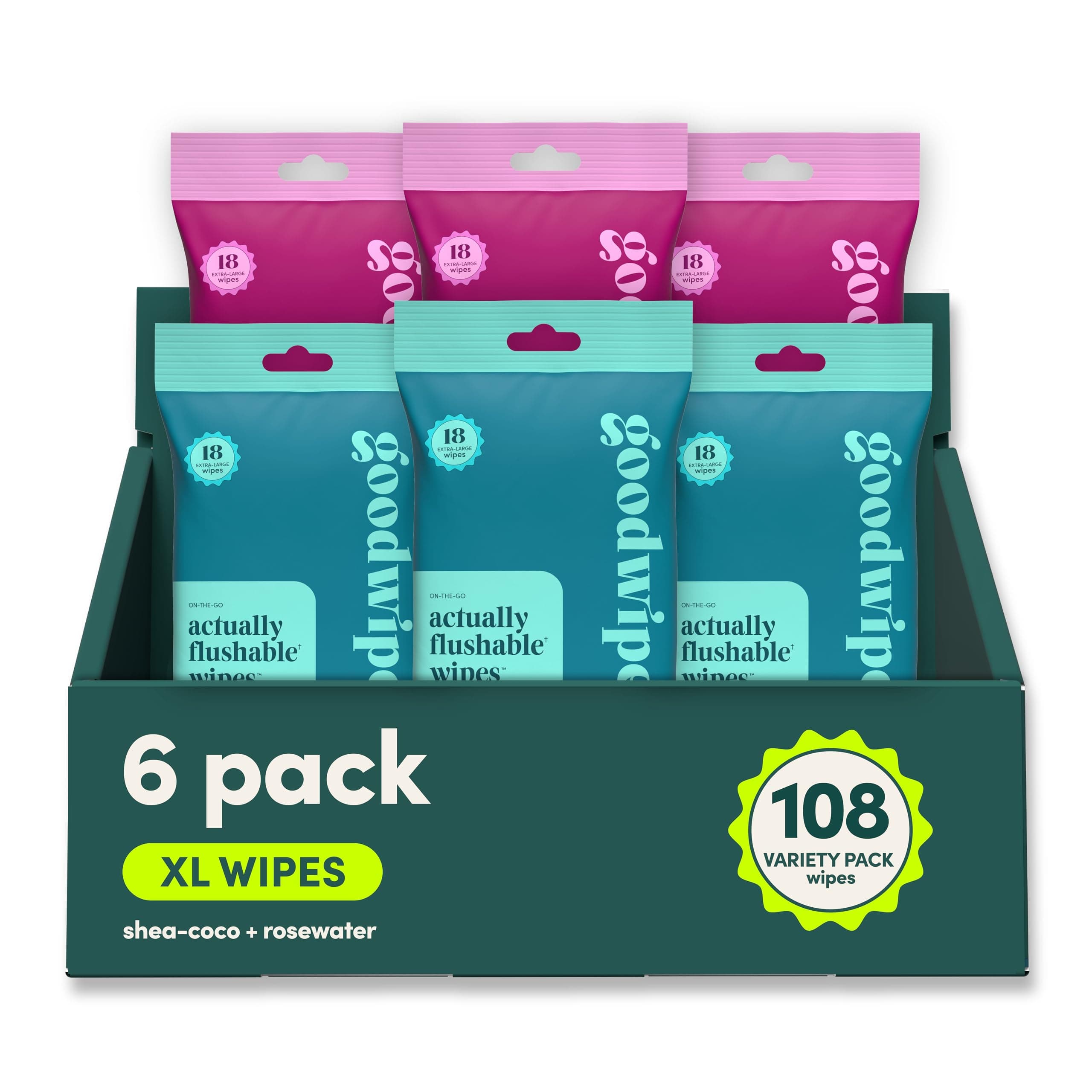 goodwipes Flushable Wipes Travel Size - Extra Large Adult Wet Wipe - On-the-Go Portable Wipes - Sewer & Septic Safe - Hygiene Essentials - Shea Coco & Rosewater, 108 Count (6 Packs)