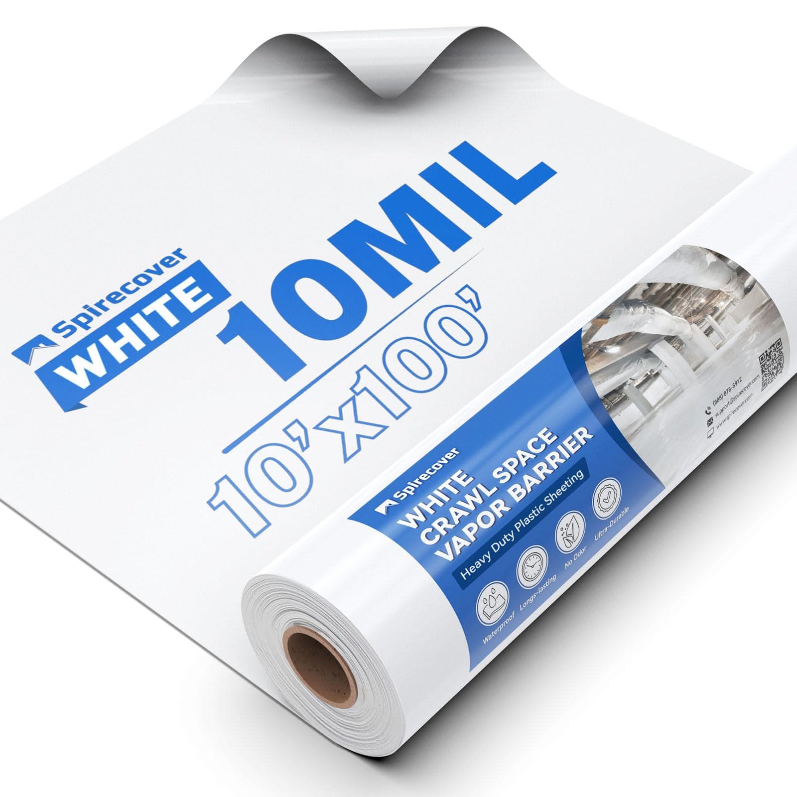 Spirecover White 10 Mil Plastic Sheeting, 10x100', Crawlspace Vapor Barrier