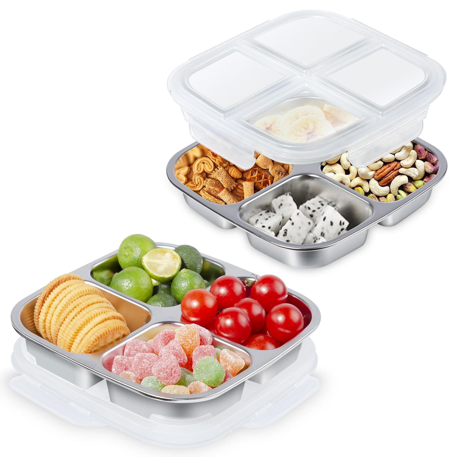 PTYTIFY 2 Pack Stainless Steel Snack Containers, 4 Compartment Lunch Containers with Lids, Snack Box Container for Food Lunch Meal Prep Reusable