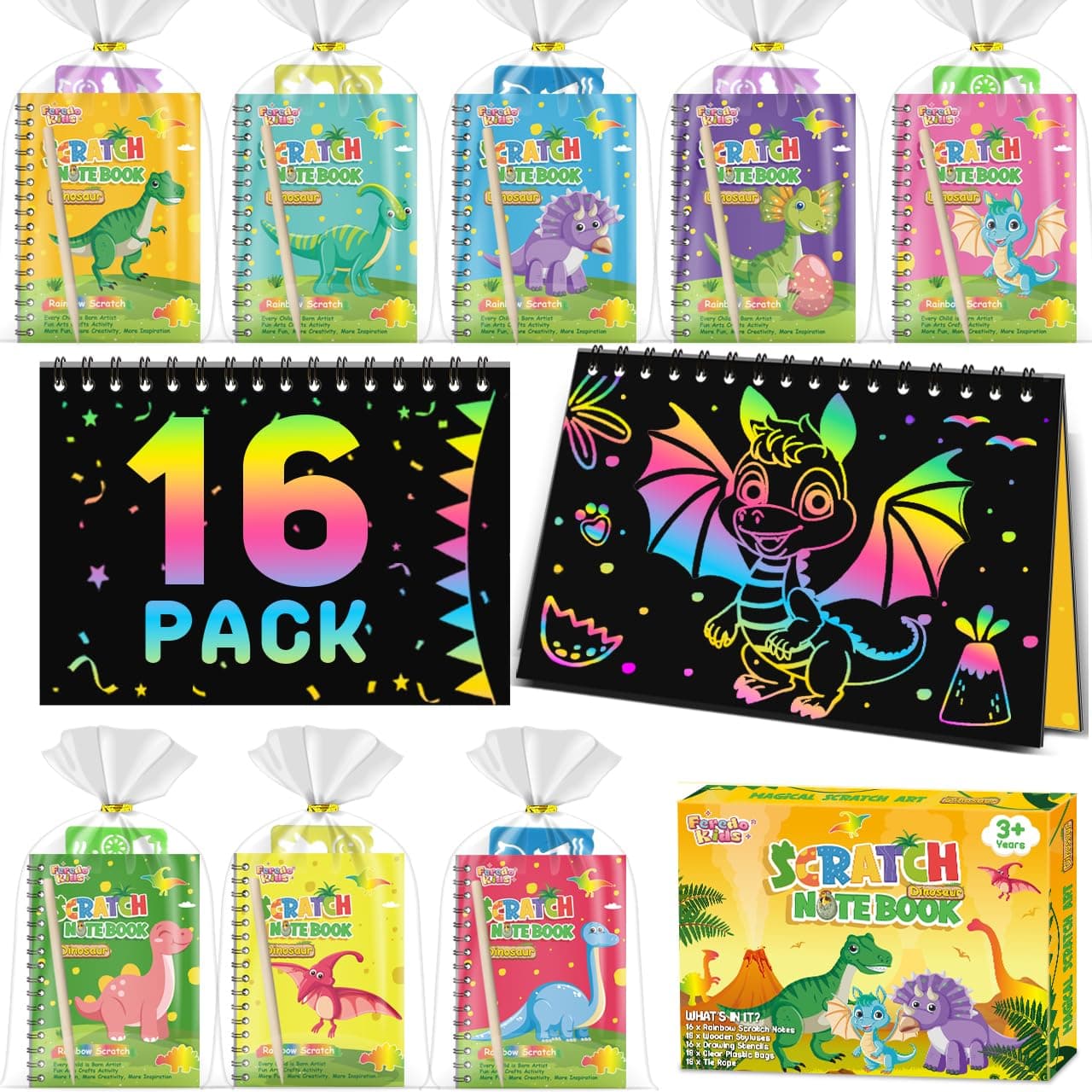 FEREDO KIDS Party Favors for Kids: 16 Pack Dinosaur Rainbow Scratch Art Notebook Classroom Goodie Bag Items Bulk for Girls Boys Loot Bag Fillers, Return Gifts for Birthday Party Gifts Kids Crafts