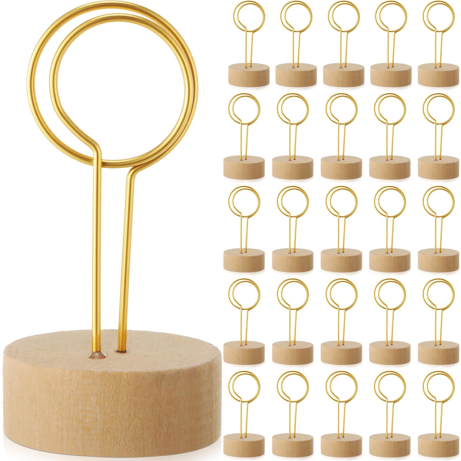 BrightRow 24 PCS Wooden Table Number Holders Metal Wire with Wooden Base for Better Stability Place Card Holders Centerpieces, Photo Sign Stands for Weddings, Party, Birthdays (Gold,Circle)