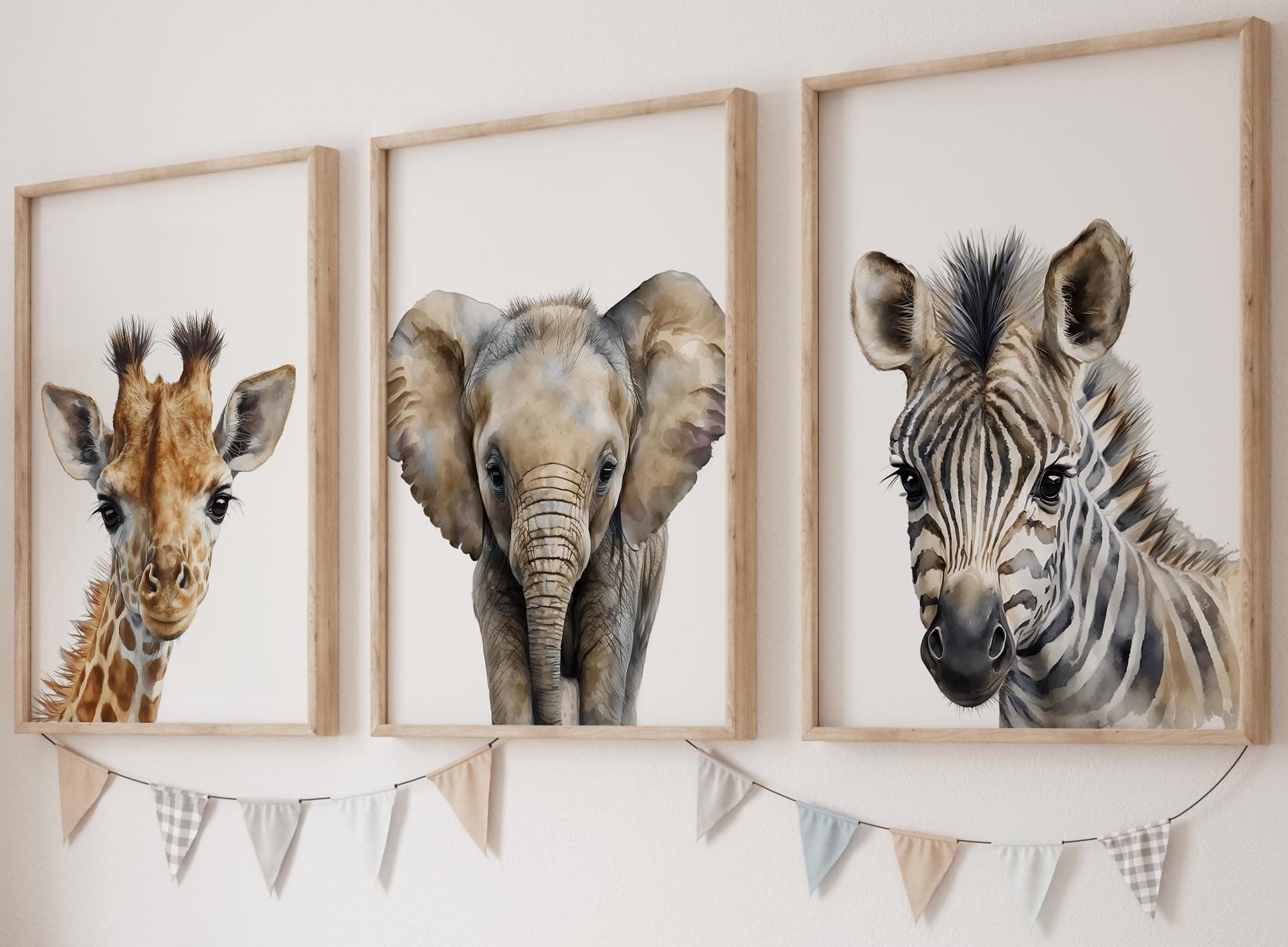 Safari Animals Set of 3 Unframed Poster Prints, Baby Girl Boy Children Nursery Bedroom Playroom Wall Art Decor, Giraffe Elephant Zebra, Watercolor Style (11x14)