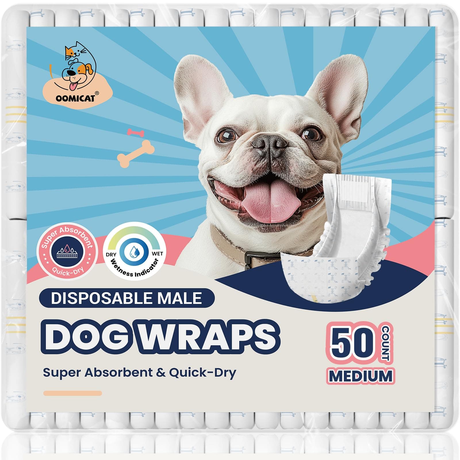 Dog Diapers Male 50 Ct, with Wetness Indicator, Adjustable Disposable Puppy Wraps