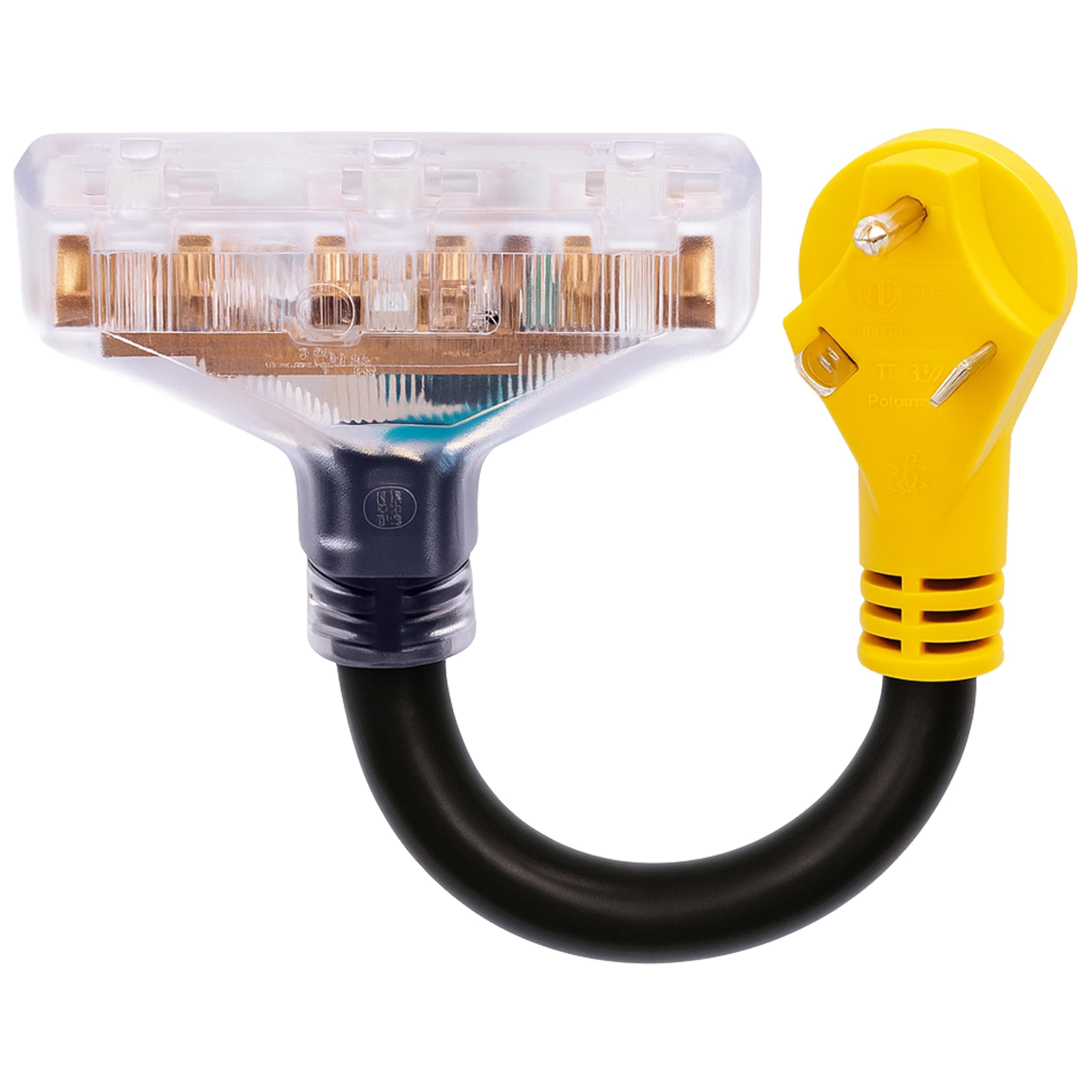 PEAKTOW 30 Amp to 20 Amp 110 Voltage RV Distribution Adapter 30 Amp to Triple 15 Amp / 20 Amp, NEMA TT-30P Male to Nema 5-20R/5-15R Female, 3-Way Outlet Splitter with LED Indicator, ETL Listed