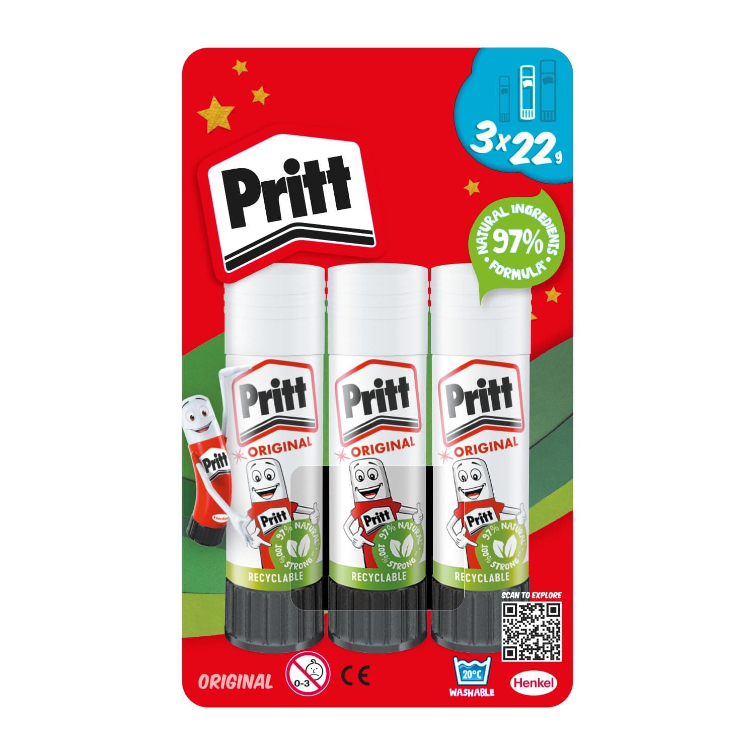 Pritt Glue Stick, Safe and Child-Friendly Craft Glue for Arts and Crafts Activities, Strong-Hold Adhesive for School and Office Supplies, 22 g (Pack of 3)