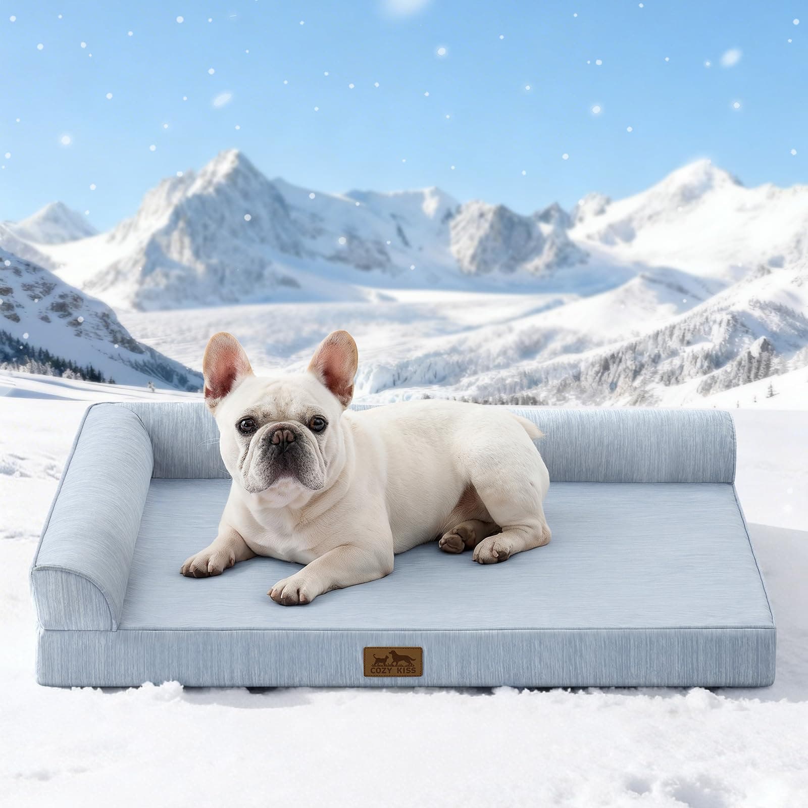 COZY KISS Cooling Dog Bed, Q-Max >0.4 Orthopedic Foam Dog Bed with Sides, Removable Cover & Waterproof Lining and Nonskid Bottom, Comfortable Pet Beds for Dogs, Blue (36" L x 27" W x 6.5" Th)