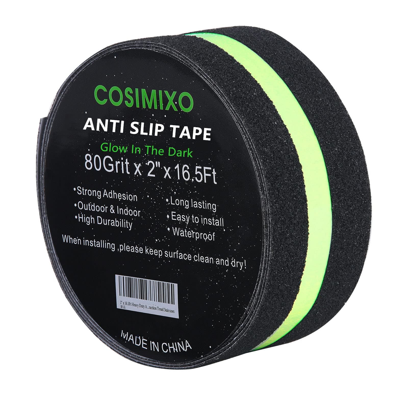 COSIMIXO Anti Slip Tape with Glow in The Dark,2in x 16.5ft,Black/Green Non Skid Tape, High Traction Adhesive for Stairs Step Waterproof Heavy Duty Tape for Indoor & Outdoor