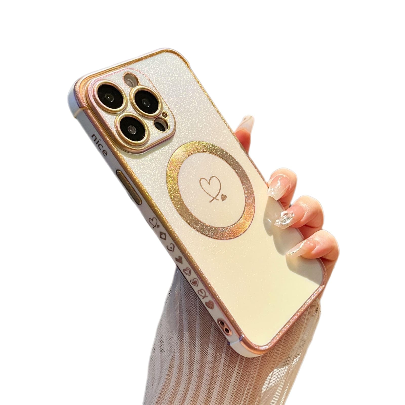 ZTOFERA Magnetic Case for iPhone 14 Pro Case 6.1",Cute Luxruy Iridescent Case with Love Hearts Pattern, Plating Edge Camera Lens Protection Shockproof Phone Cover for Women Girls,Iridescent White