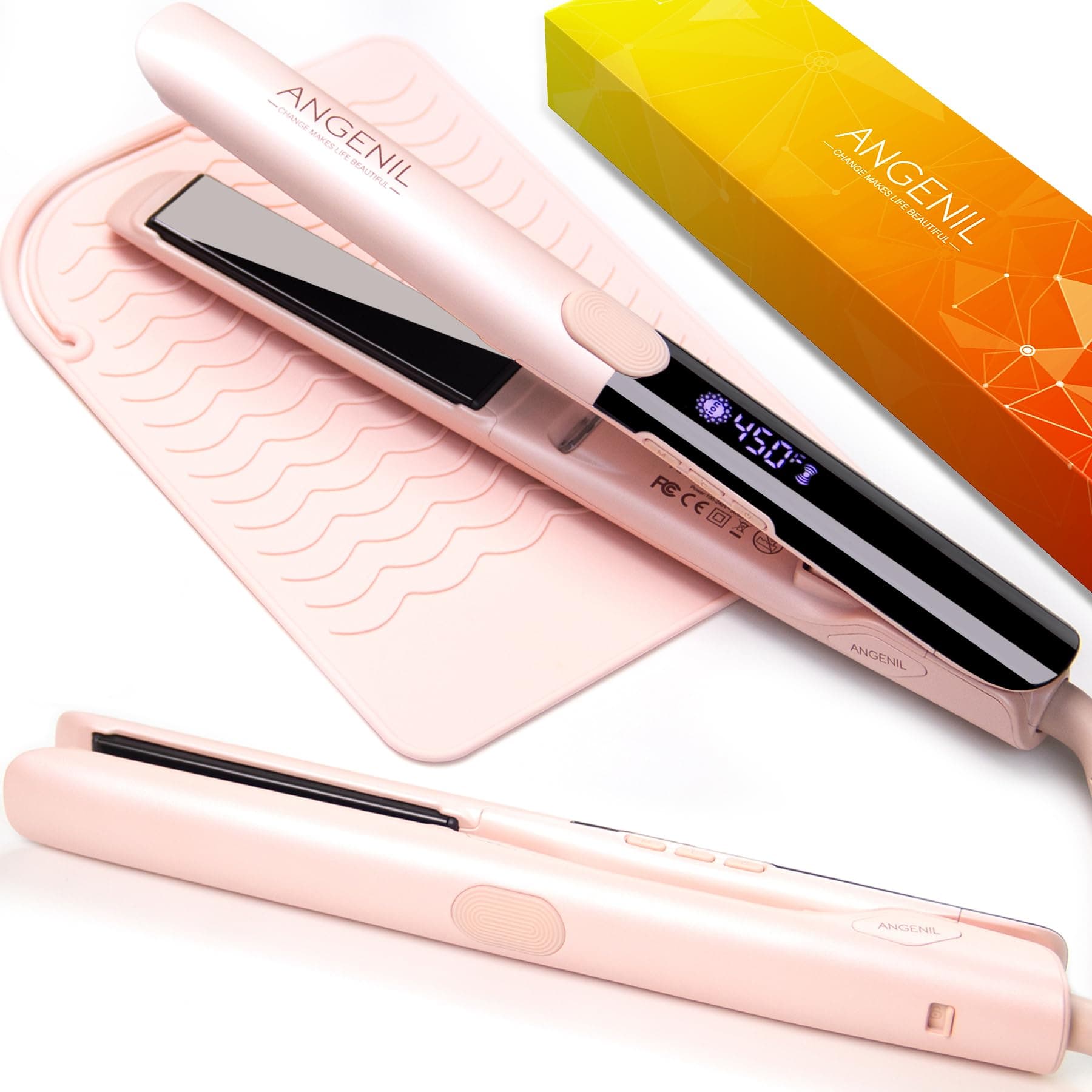 ANGENIL Pro Titanium Flat Iron Hair Straightener and Curler 2 in 1, Dual Voltage Hair Straightening and Curling Irons, Round Pink Hair Straightener with Heat Resistant Silicone Mat Tools, 15s Fast Heating
