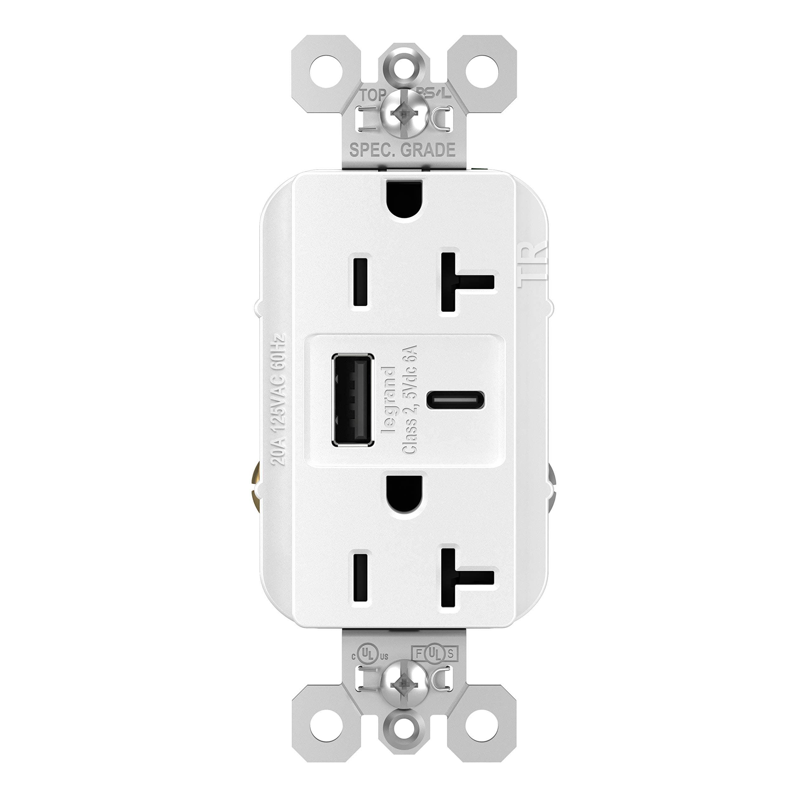 Legrand Pass & Seymour TR20USBAC6W 20 Amp Tamper-Resistant Heavy-Duty Specification Grade Decorator Duplex Receptacle Outlet with Ultra Fast USB A/C 6.0A Charging Ports, White (1 Count)