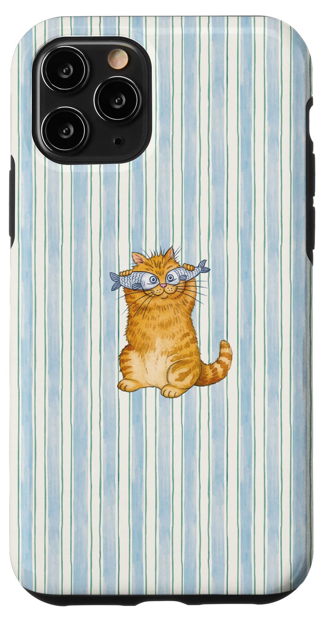 Blue White Stripe Funny Cat Whimsical Animal Pet Mom Women Case for iPhone 11 Pro