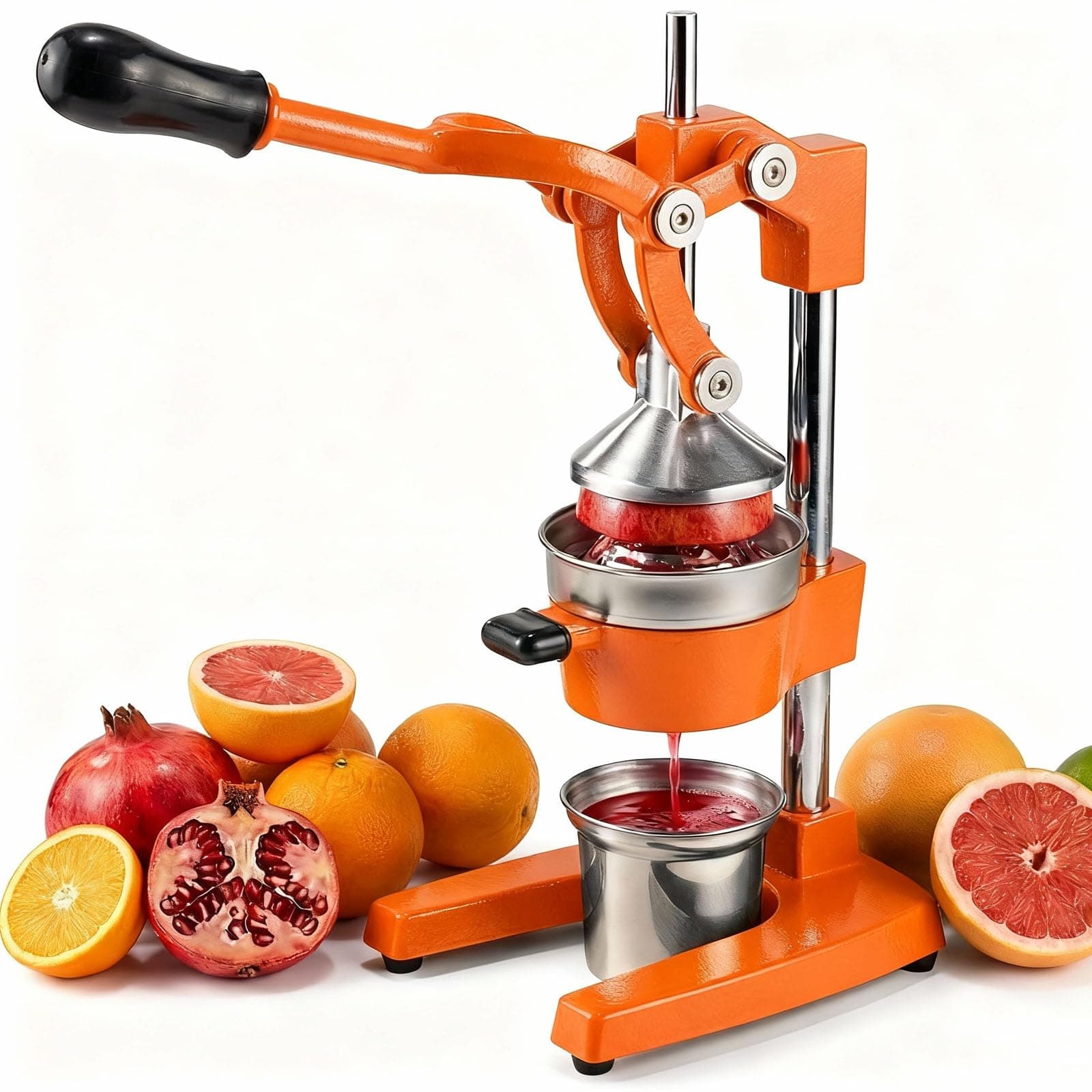 Jusfoouo Cast Iron Juicer, Manual Juicer Press - Heavy Duty Commercial Citrus Squeezer with Stainless Steel Cup - for Orange, Pomegranate, Lemon, Lime & Grapefruit - Easy to Clean, Orange