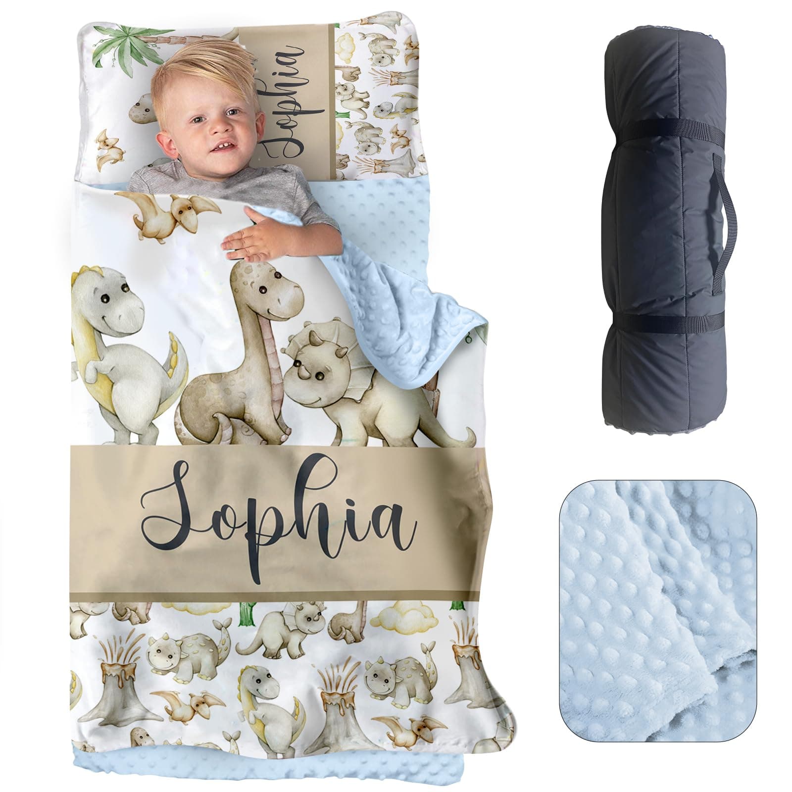 Personalized Toddler Nap Mat for Preschool, Custom Name Kids Nap Mat with Pillow Cover and Soft Dot Minky Blanket, Dinosaur Design Daycare Nap Mats, Rolled Slumber Bags Easy to Carry