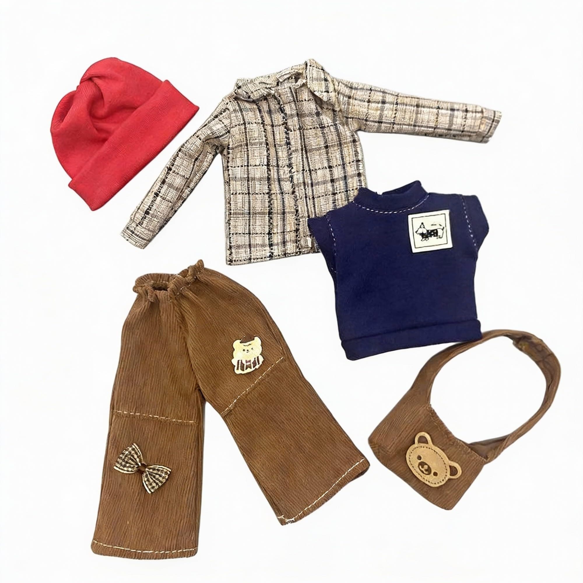 Maidscp 1/6 BJD Apparel Set for 30cm Collectible Figure, Vintage Bear Style with Corduroy Pants, Plaid Shirt & Knit Cap, Doll Not Included