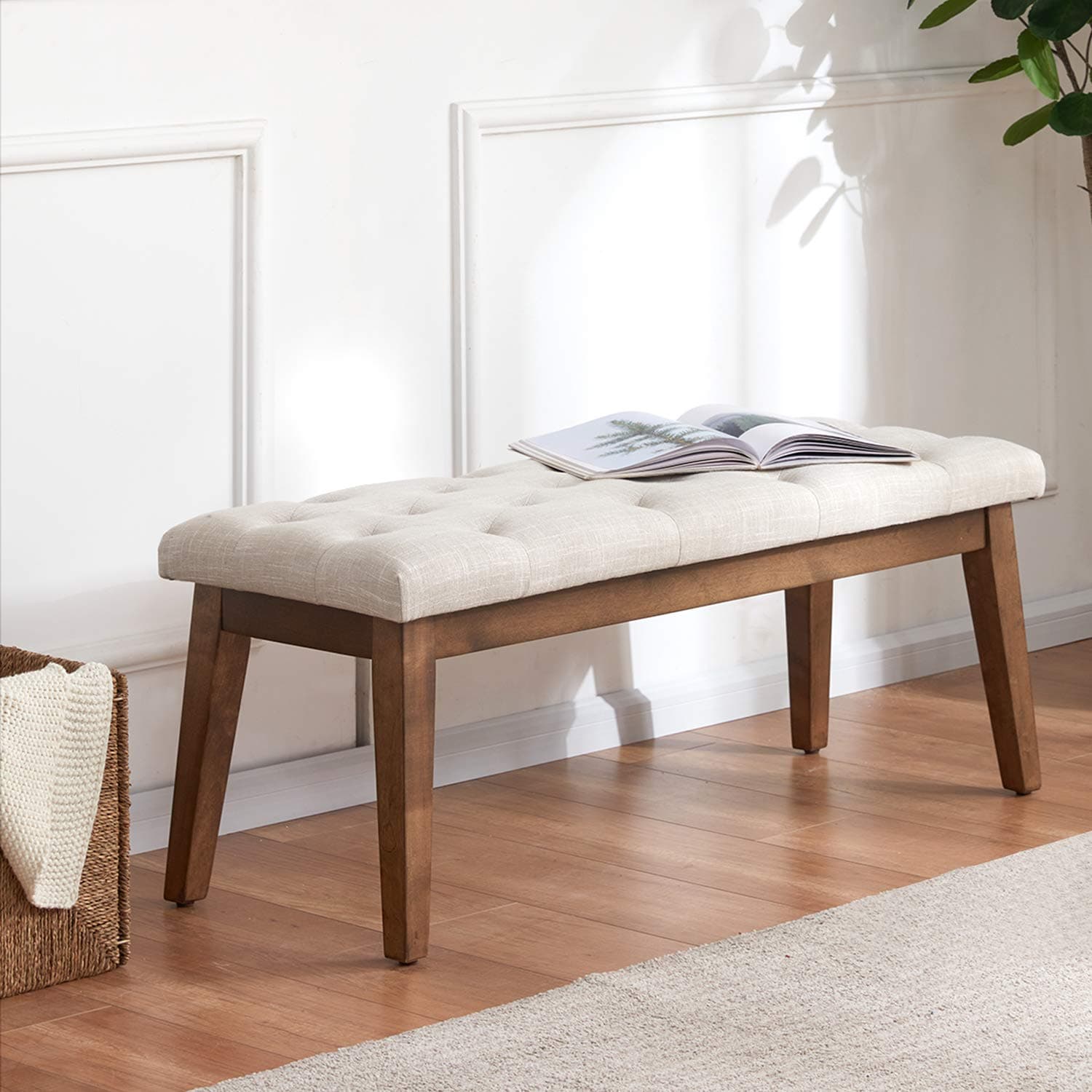 HUIMO Upholstered Bench, Button Tufted Dining Bench (Beige)