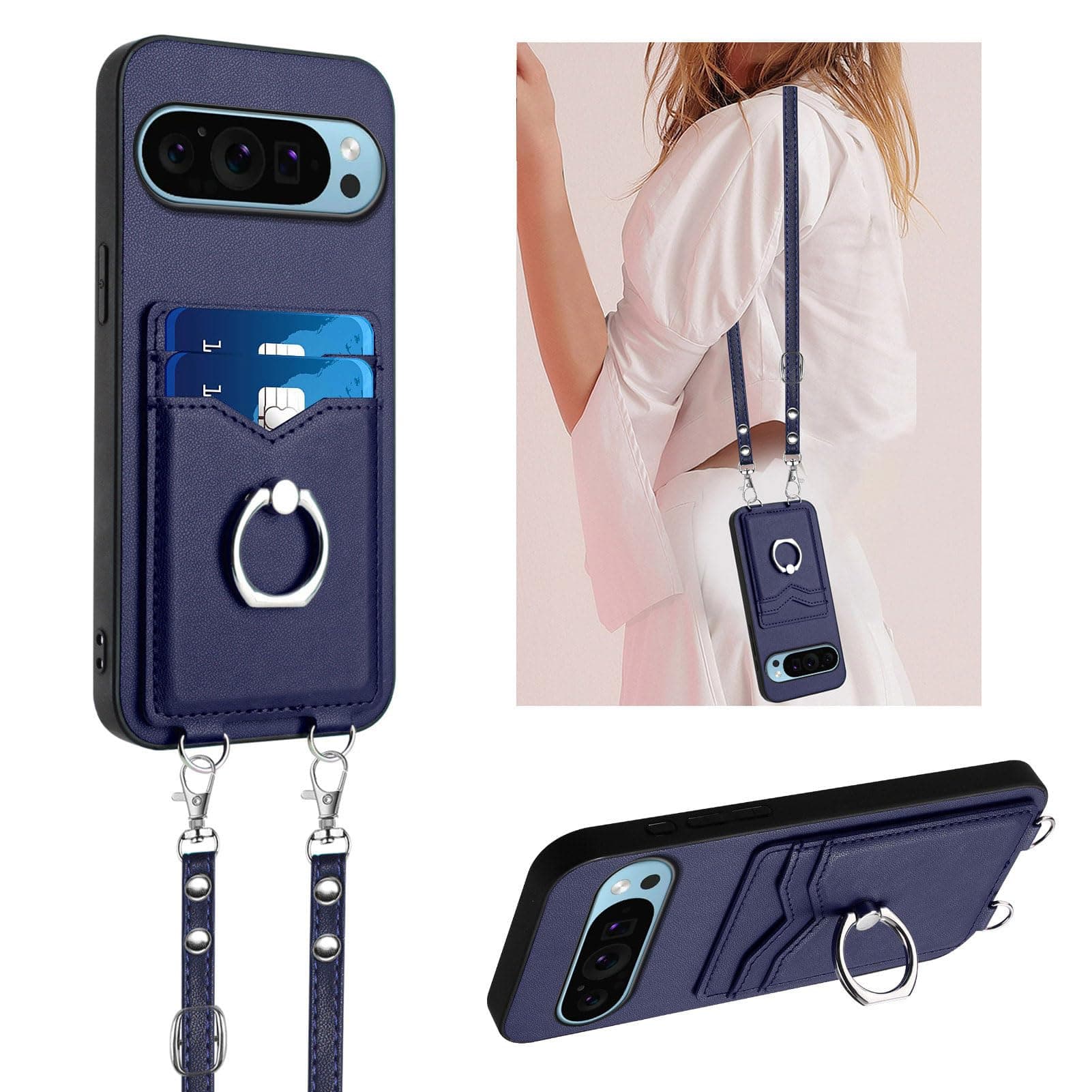LEMAXELERS for Google Pixel 9 / Pixel 9 Pro Case with Card Holder and Ring Stand for Women, with Crossbody Lanyard Removable Shoulder Lanyard Strap Purse Case Cover for Google Pixel 9 Pro. Blue YKB