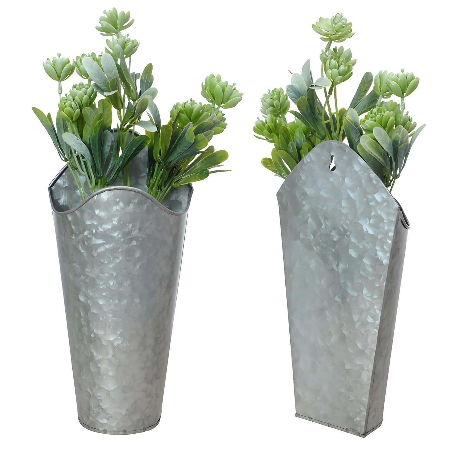 2 Pack Galvanized Metal Wall Planters, Hammered Silver Wall Mounted Flower Vases, Rustic Farmhouse Wall Decor for Dried Flowers, Greenery, Bathroom, Bedroom, Living Room (Silver)