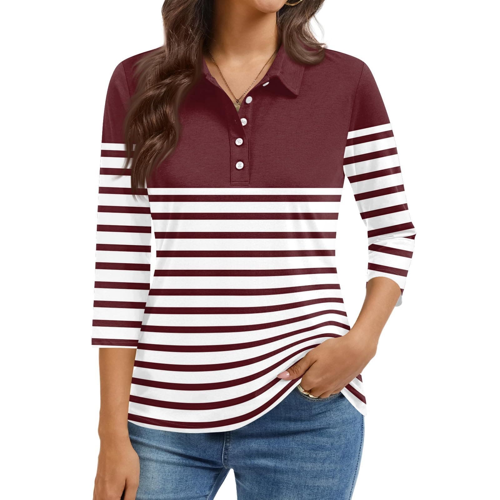 LAYHTKTL 3/4 Length Sleeve Womens Tops V-Neck Plus Size Ladies Summer Golf Work Blouses Polo Shirts for Women Dressy Casual Three Quarter Blusas Casuales De Mujer Wine XL